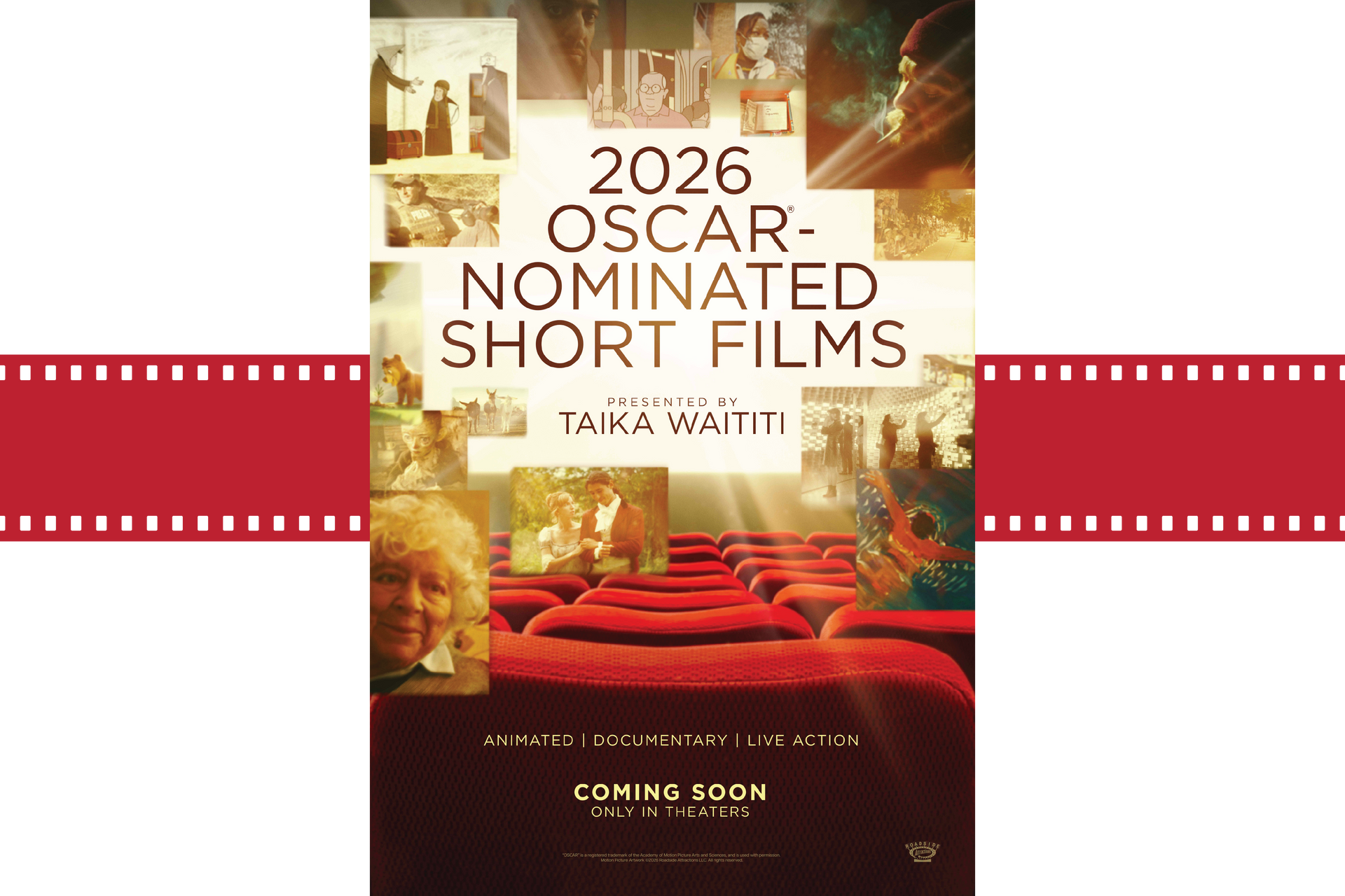 2026 Oscar-nominated short films poster with red filmstrip and warm collage of scenes