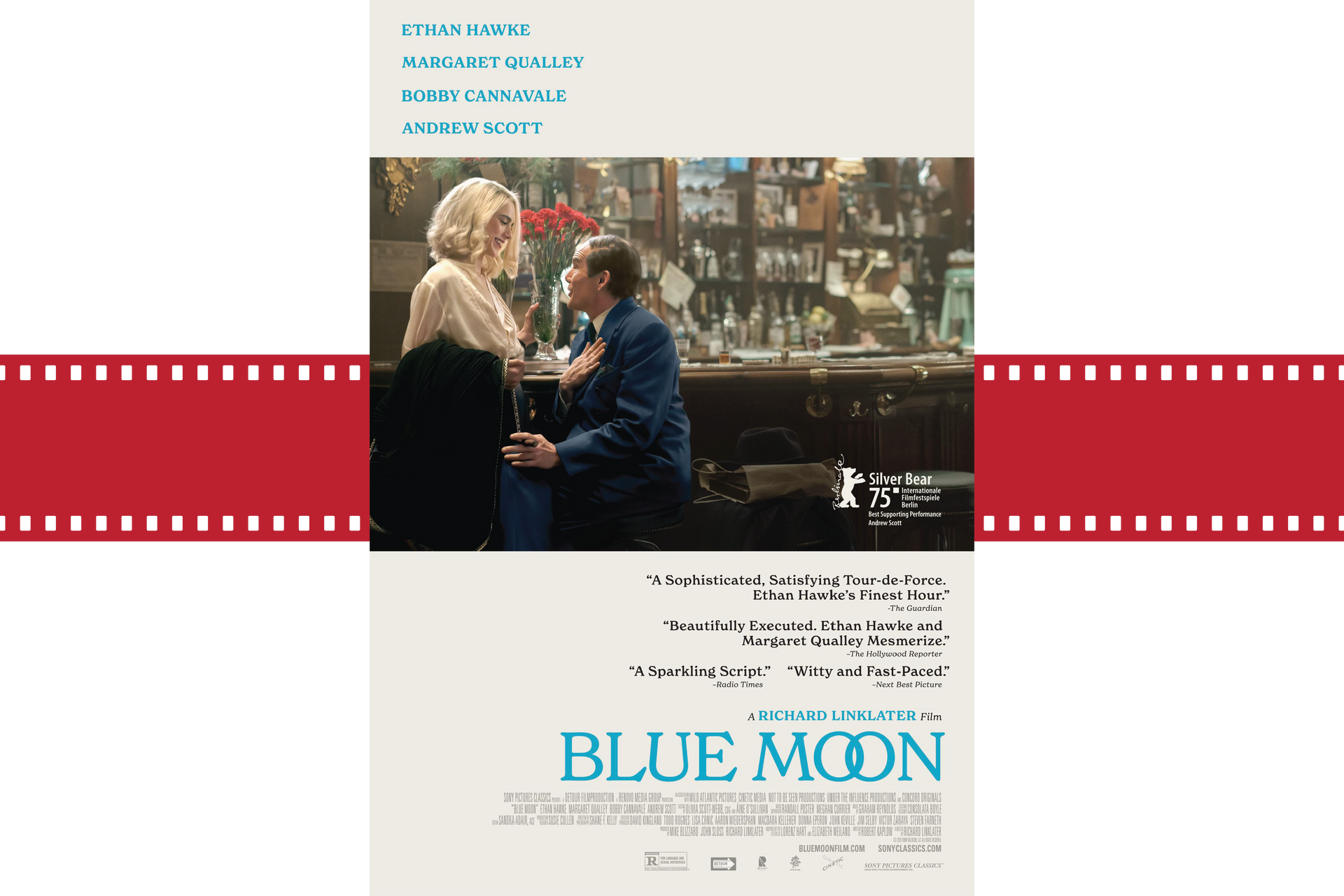 Movie poster for Blue Moon showing two people talking in a bar, with a red filmstrip border and blue title text