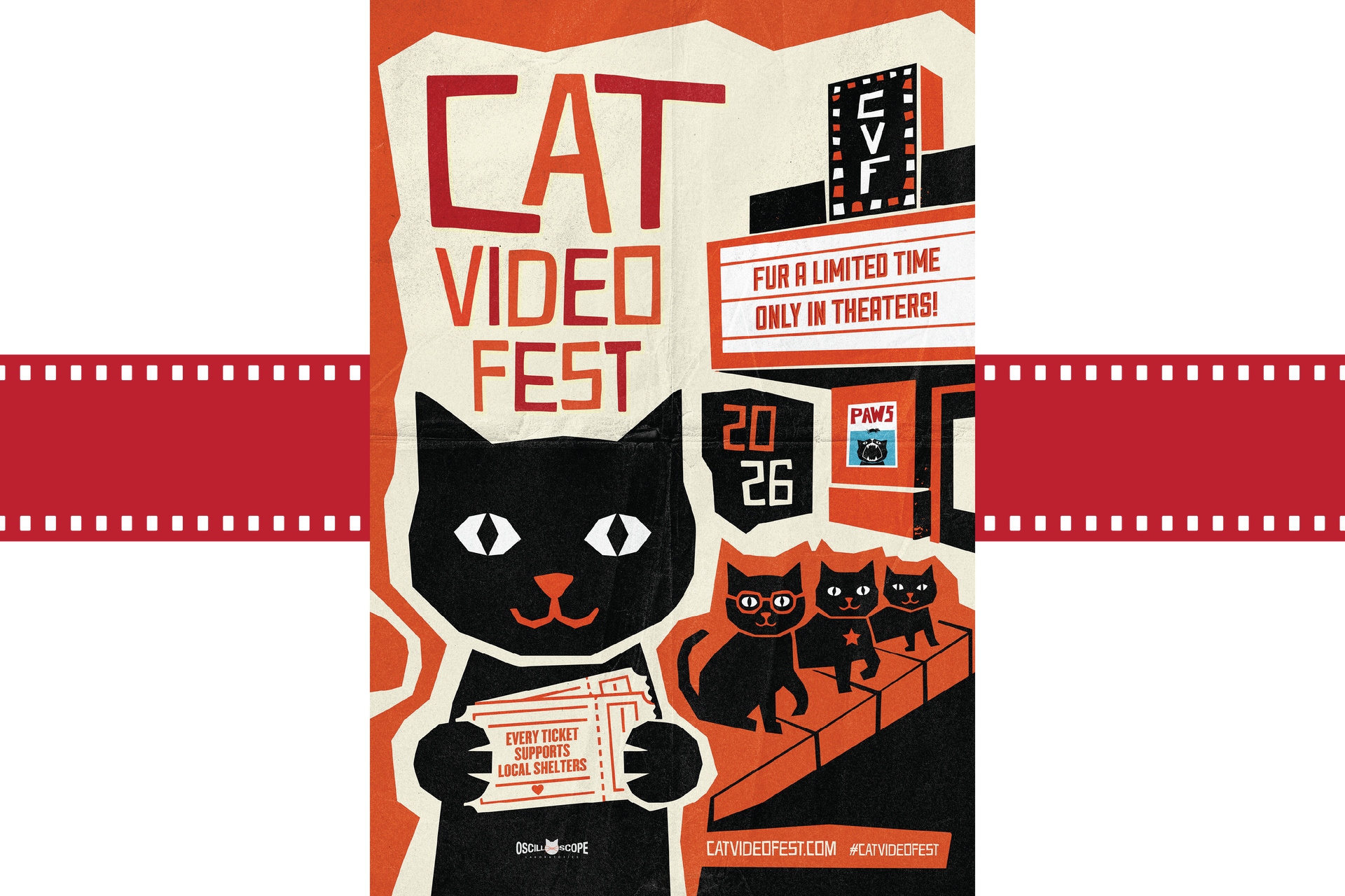 Poster for Cat Video Fest with black cats, red filmstrip graphics, and orange city scenes