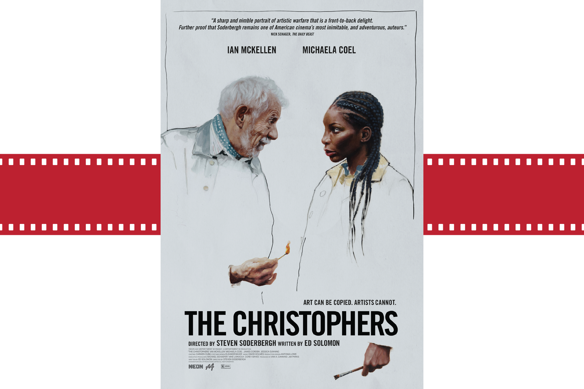 Two people face each other on a white poster titled “The Christophers,” with red filmstrip borders.