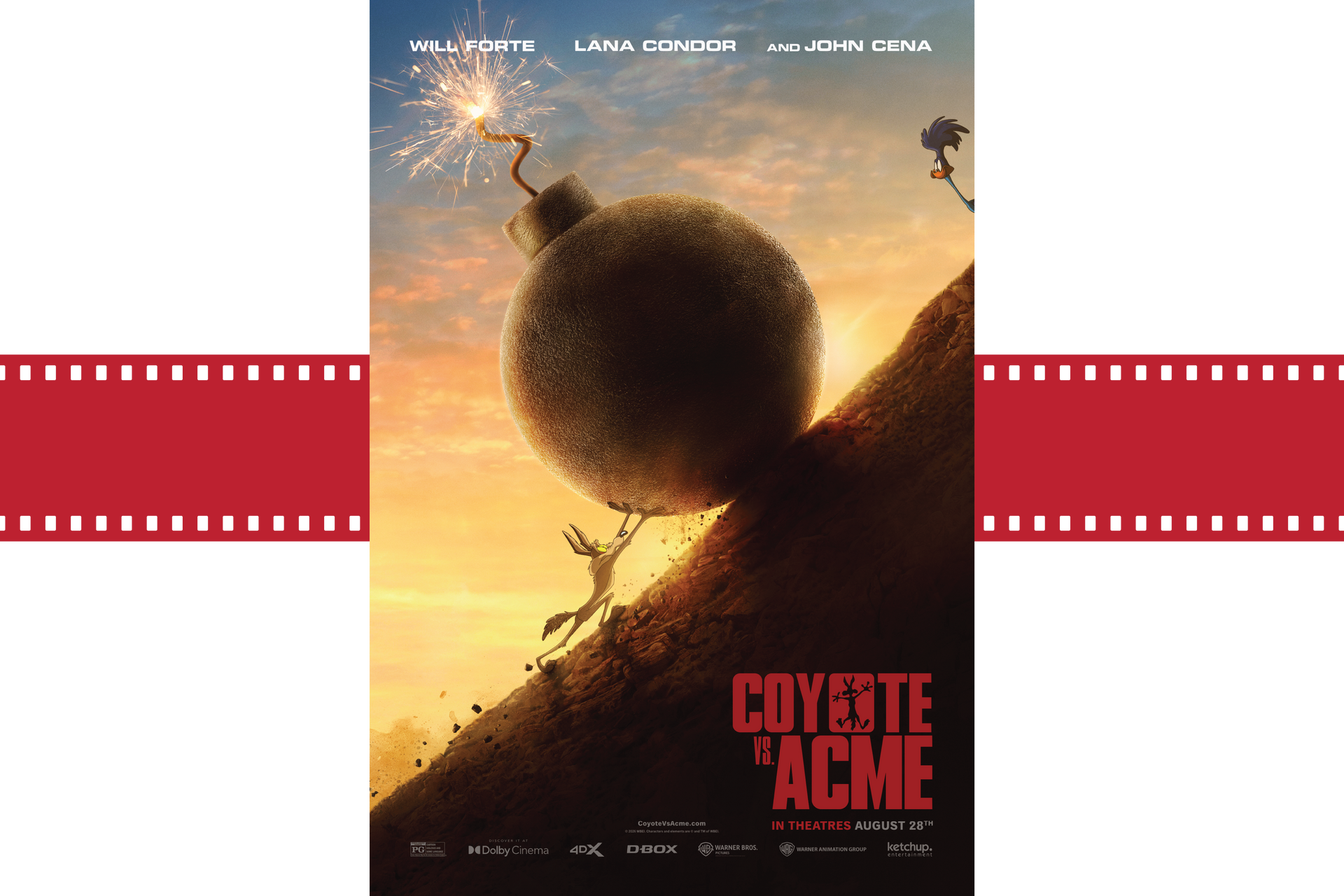 Movie poster for Coyote vs. Acme, showing a giant coyote-shaped boulder against a sunset sky.