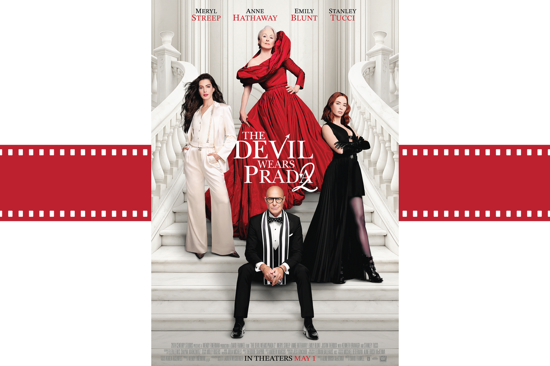 Movie poster for The Devil Wears Prada: three women on white stairs, one in red dress and two in black.
