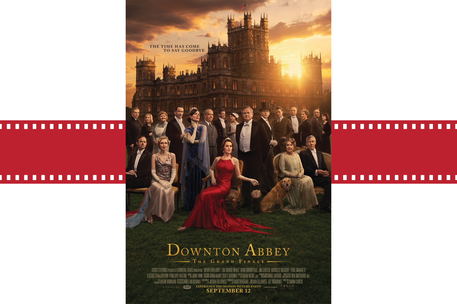 Downton Abbey poster with cast in formal dress before a grand estate at sunset