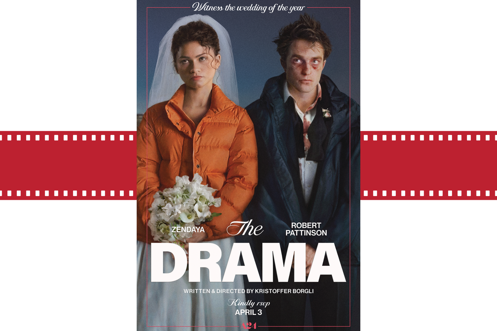 Two people on a film poster titled “The Drama,” one in an orange jacket holding flowers.