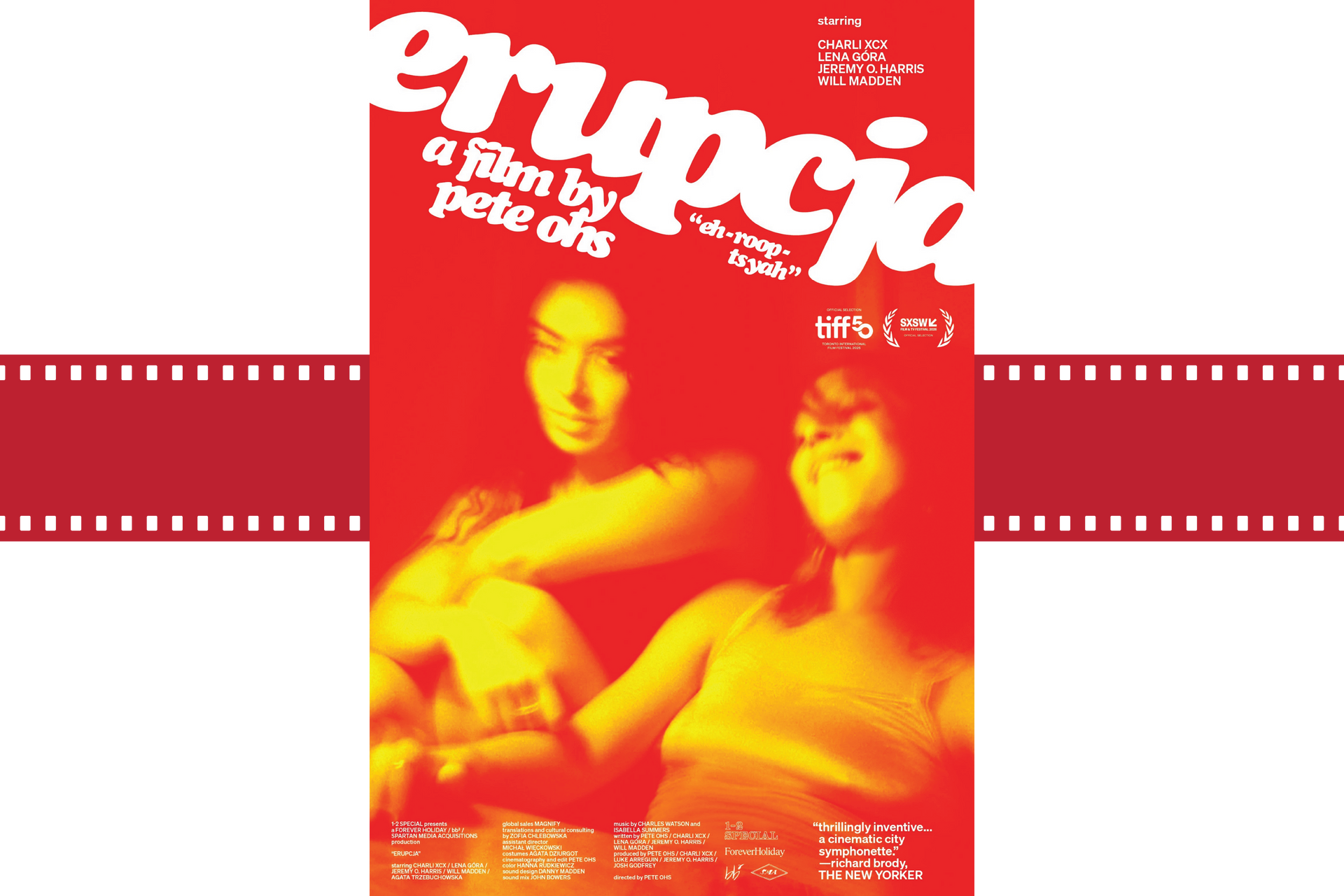 Red film poster with two reclining figures and the title “Erynia” in white text.