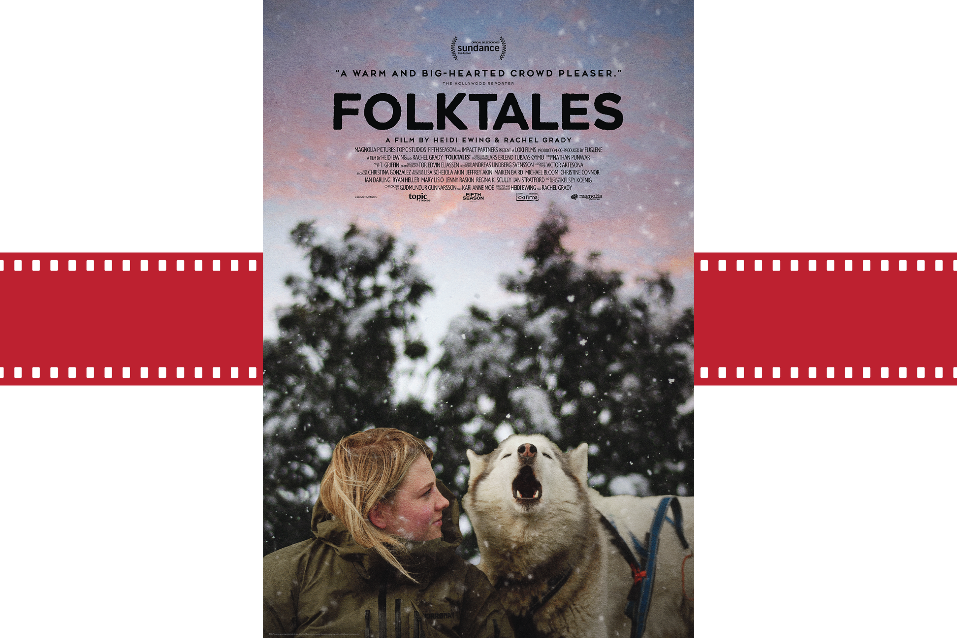 Book cover titled “Folktales” with a girl beside a dog in a snowy forest scene
