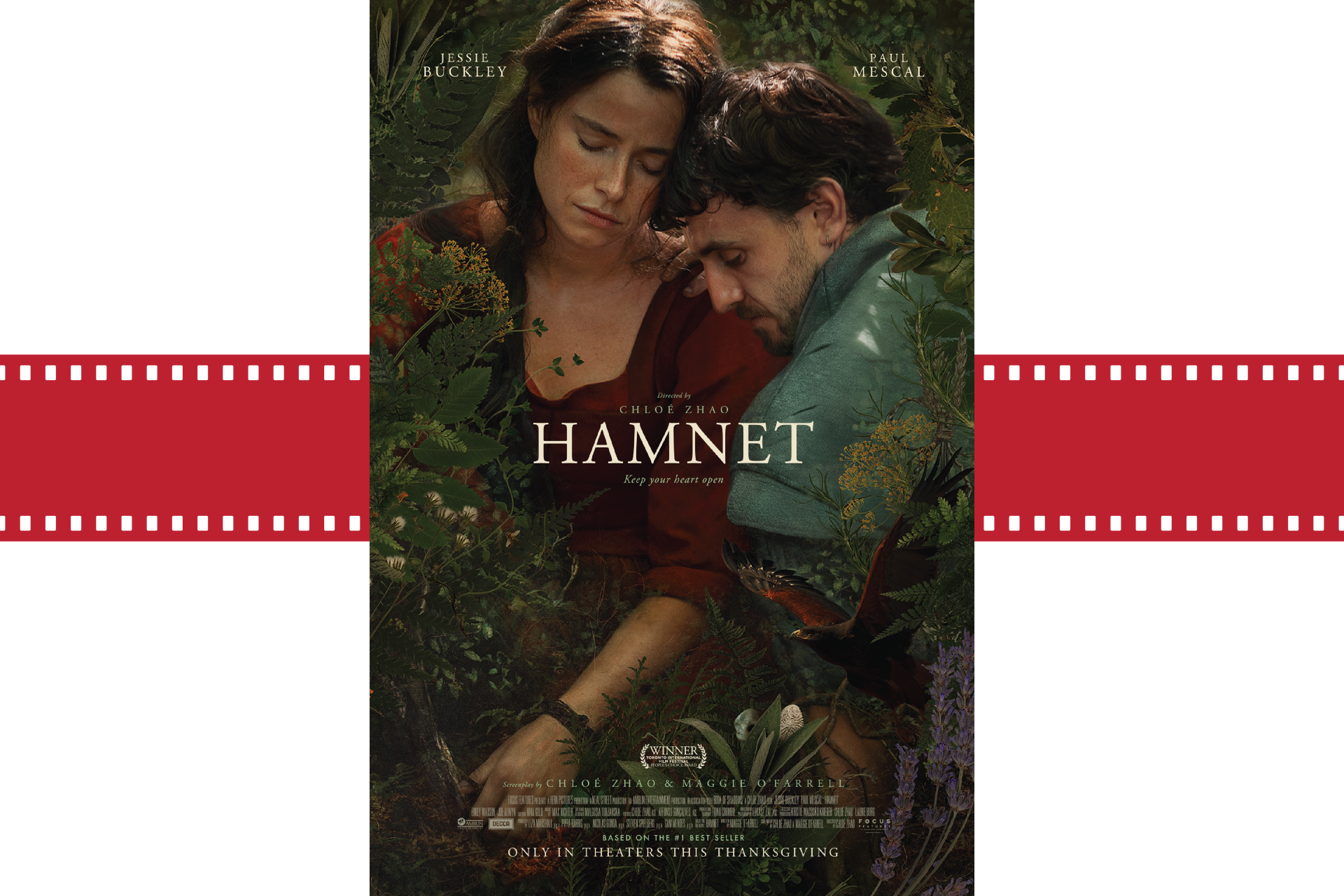 Hamnet book cover showing two figures embracing in a dark, leafy setting with red title text