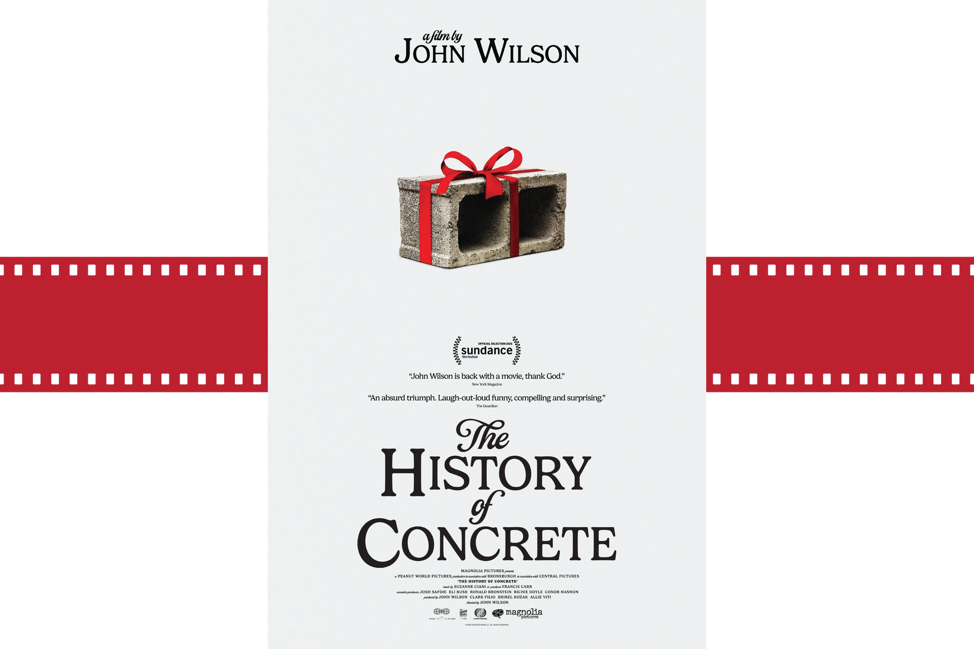 Book cover for John Wilson's The History of Concrete, with red filmstrip borders and a gift box image
