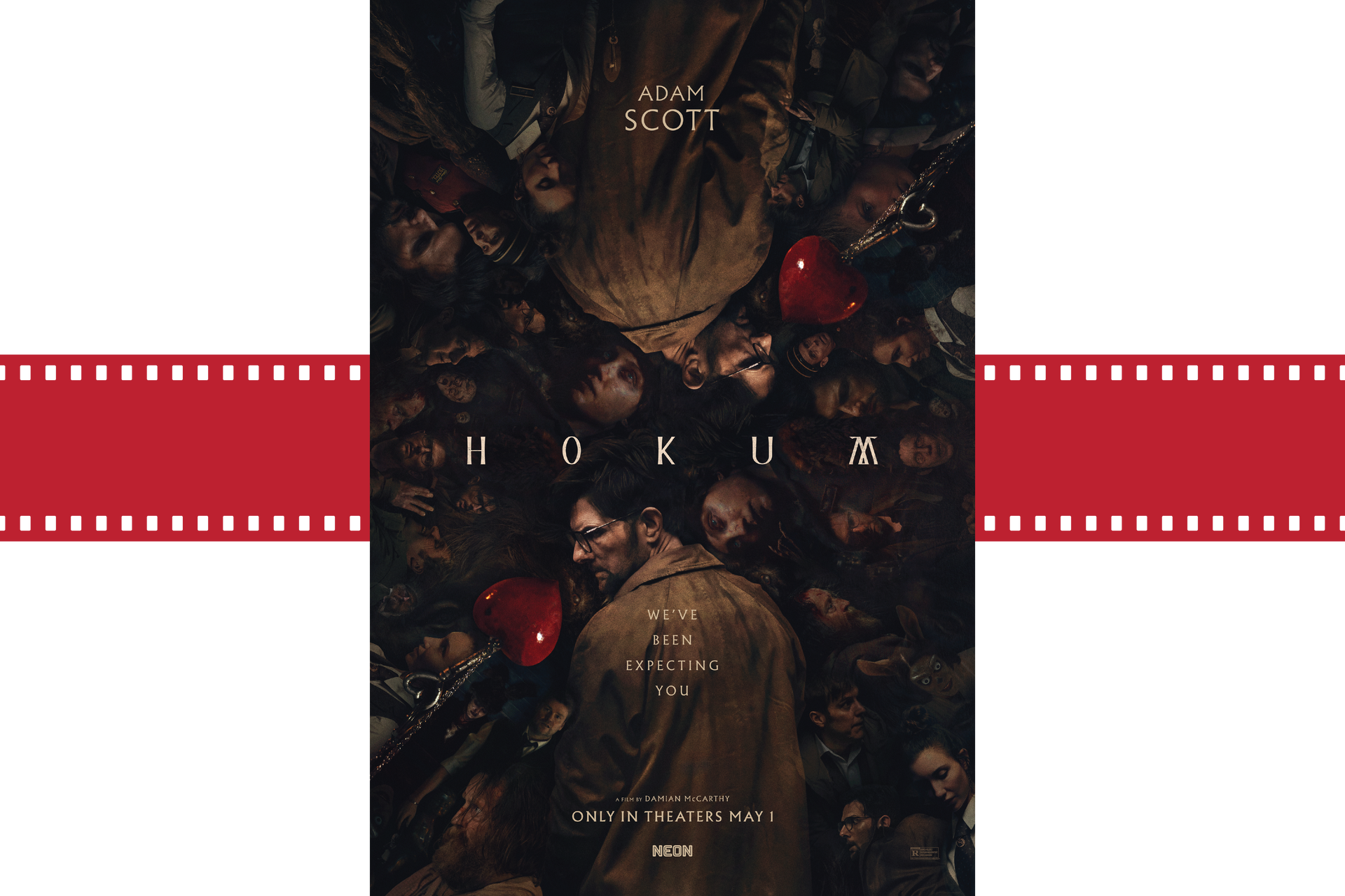 Dark, moody movie poster with a figure in a cloak amid red accents and filmstrip borders