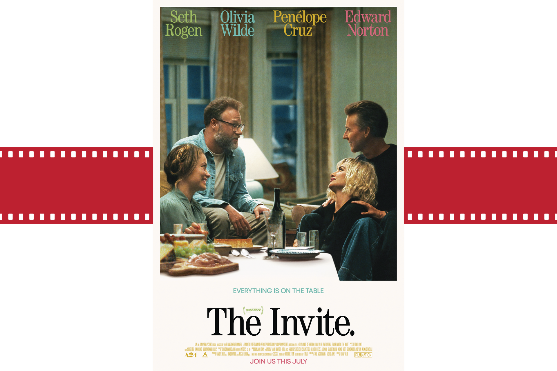 The Invite movie poster showing three people talking around a table in a cozy room
