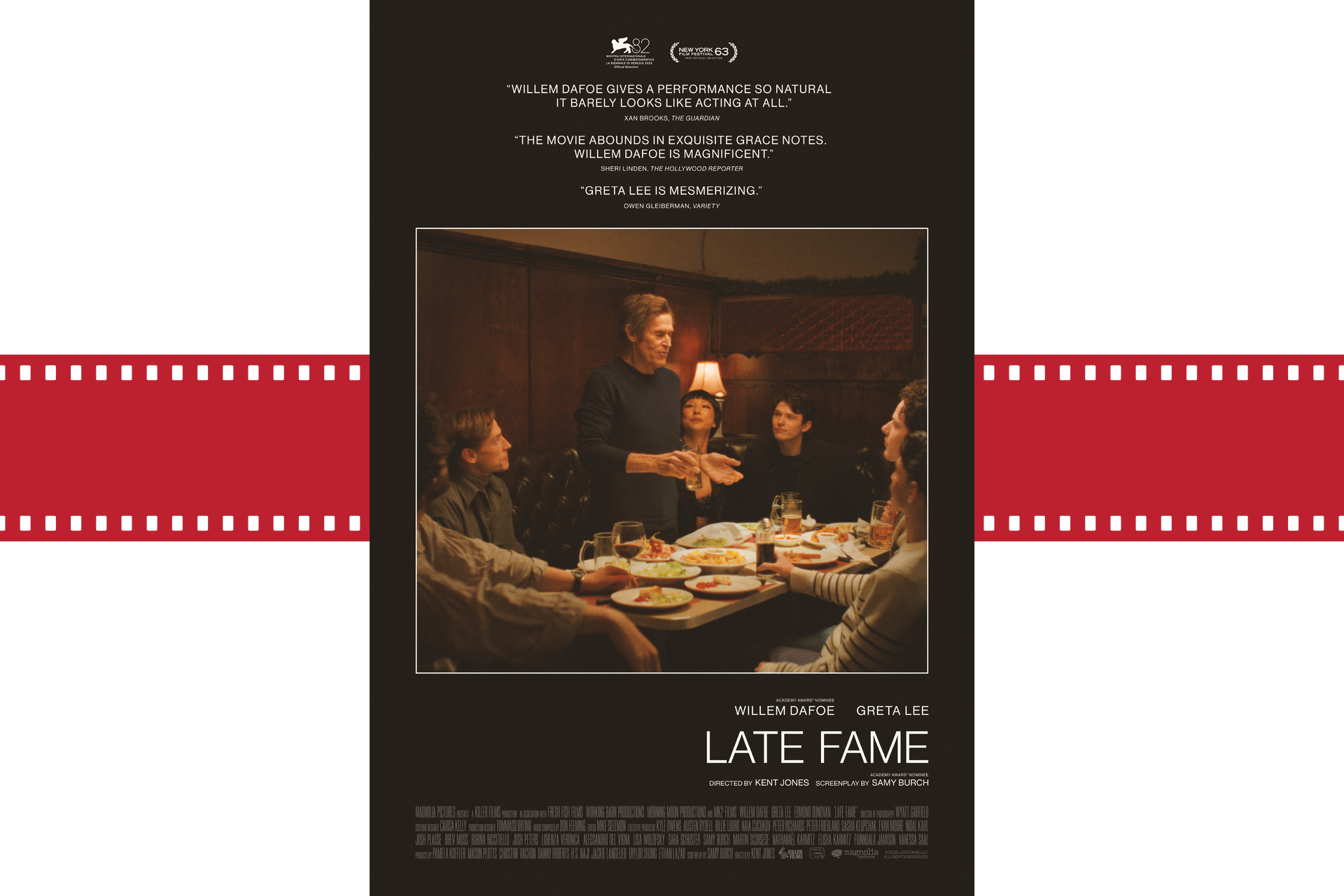 Movie poster for Late Fame, showing a dimly lit dinner scene with people gathered around a table.
