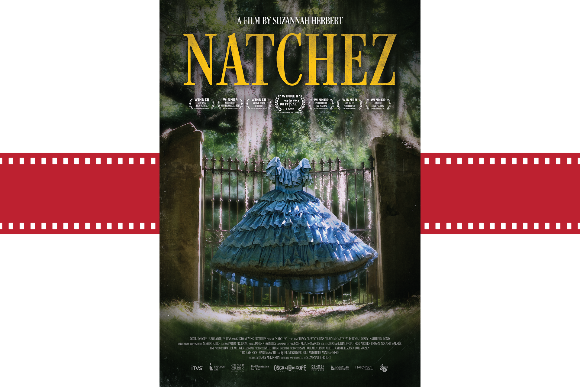 Movie poster for Natchez with a large blue fountain in a wooded setting and red filmstrip border