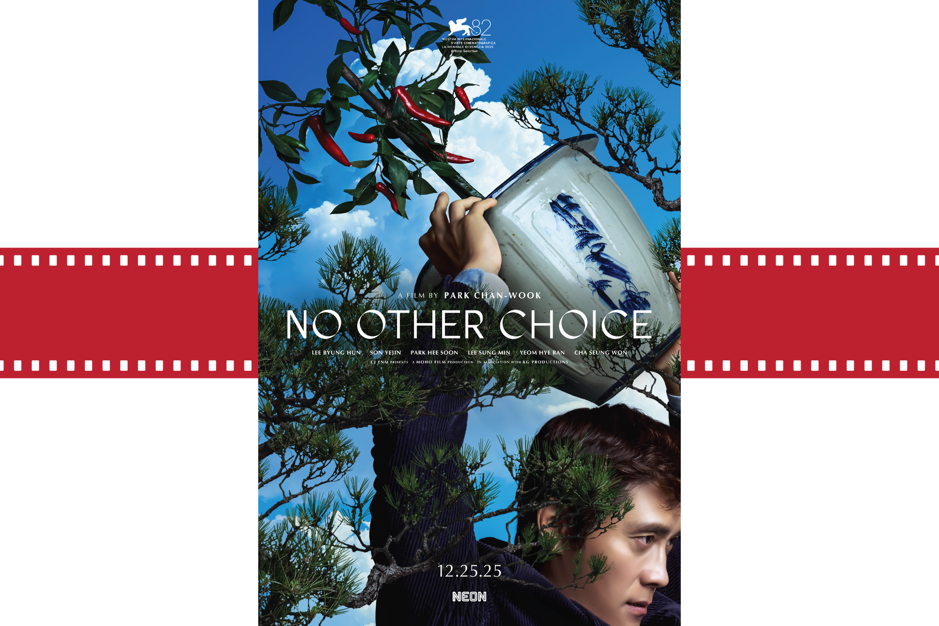 Movie poster for No Other Choice, with blue sky, tree branches, a white house, and a man's face at bottom right