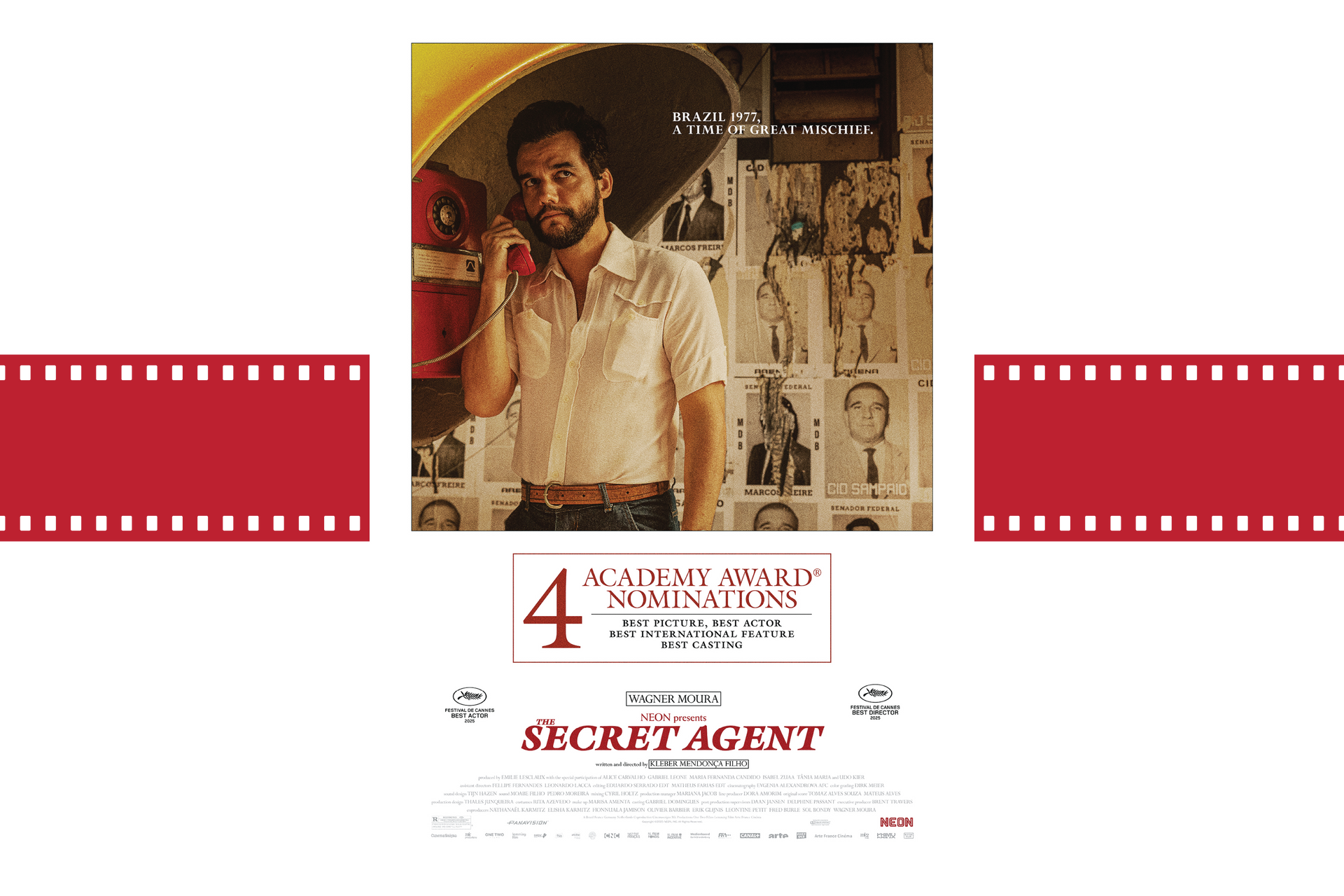 Film poster for Secret Agent, featuring a man in a beige shirt in a cluttered workshop with red filmstrip borders