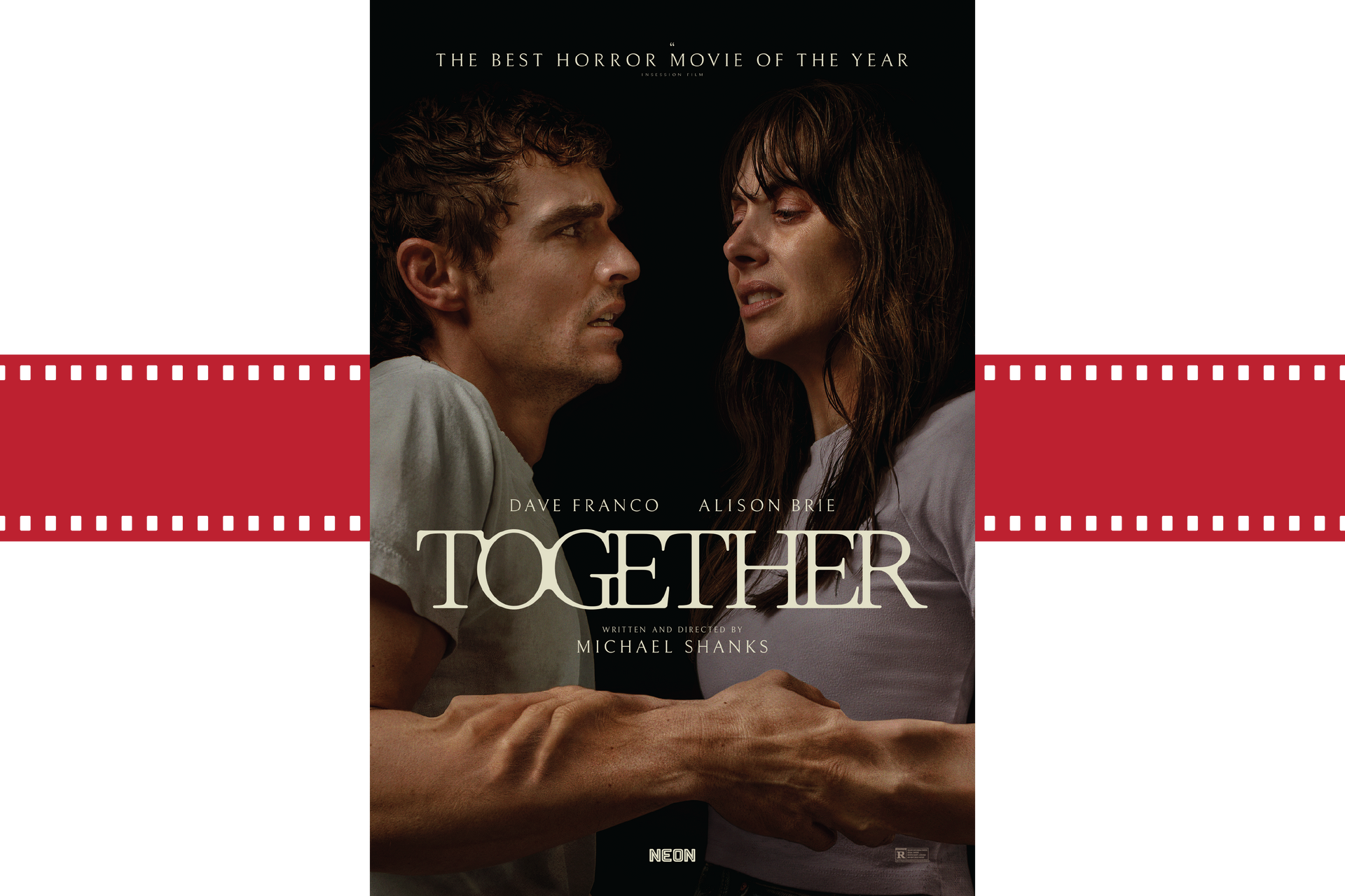 Movie poster for “Together” showing two people facing each other against a dark background with a red film strip border