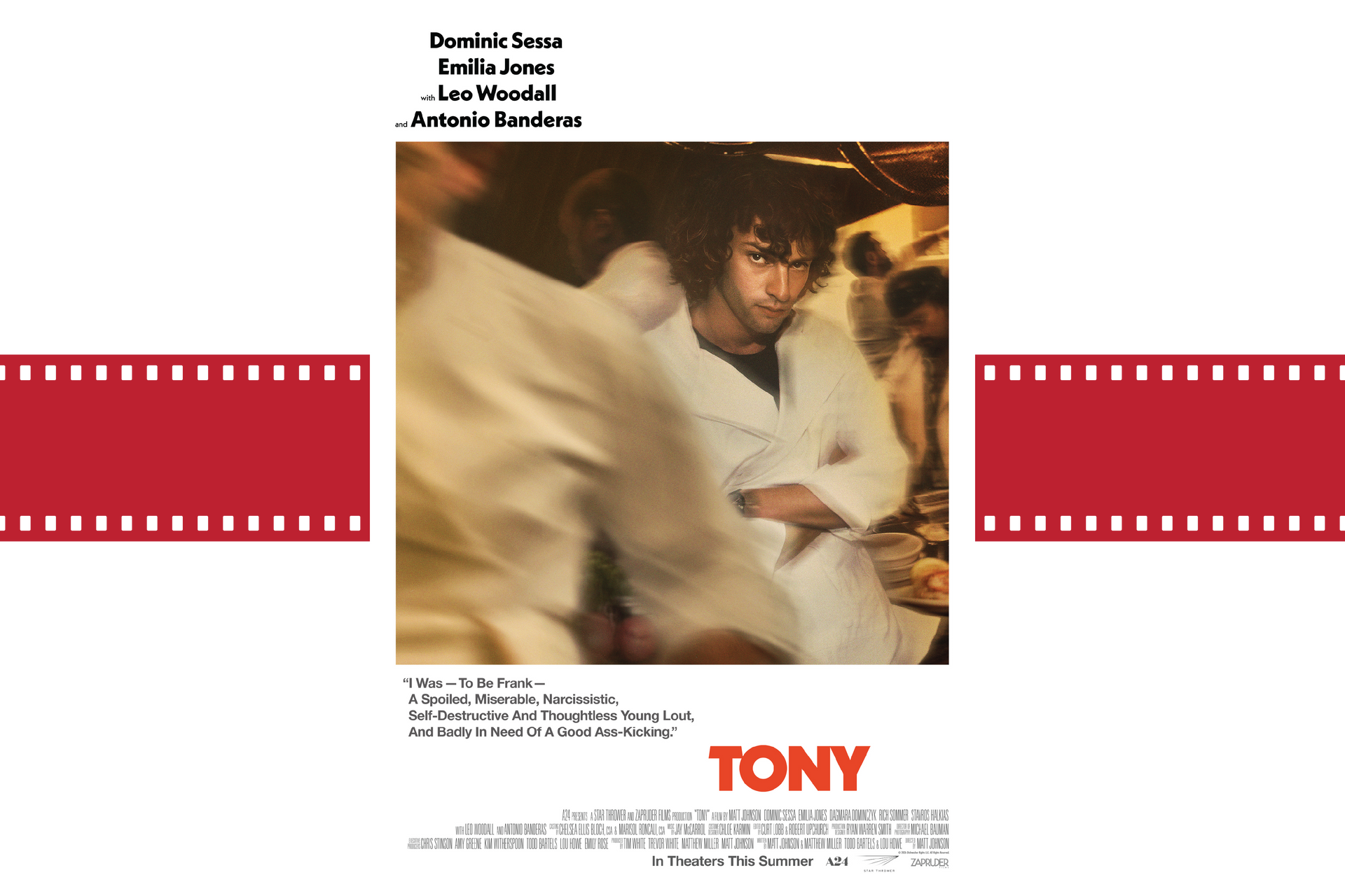 Movie poster with a blurred martial artist in white, red filmstrip borders, and the title “TONY” at bottom.