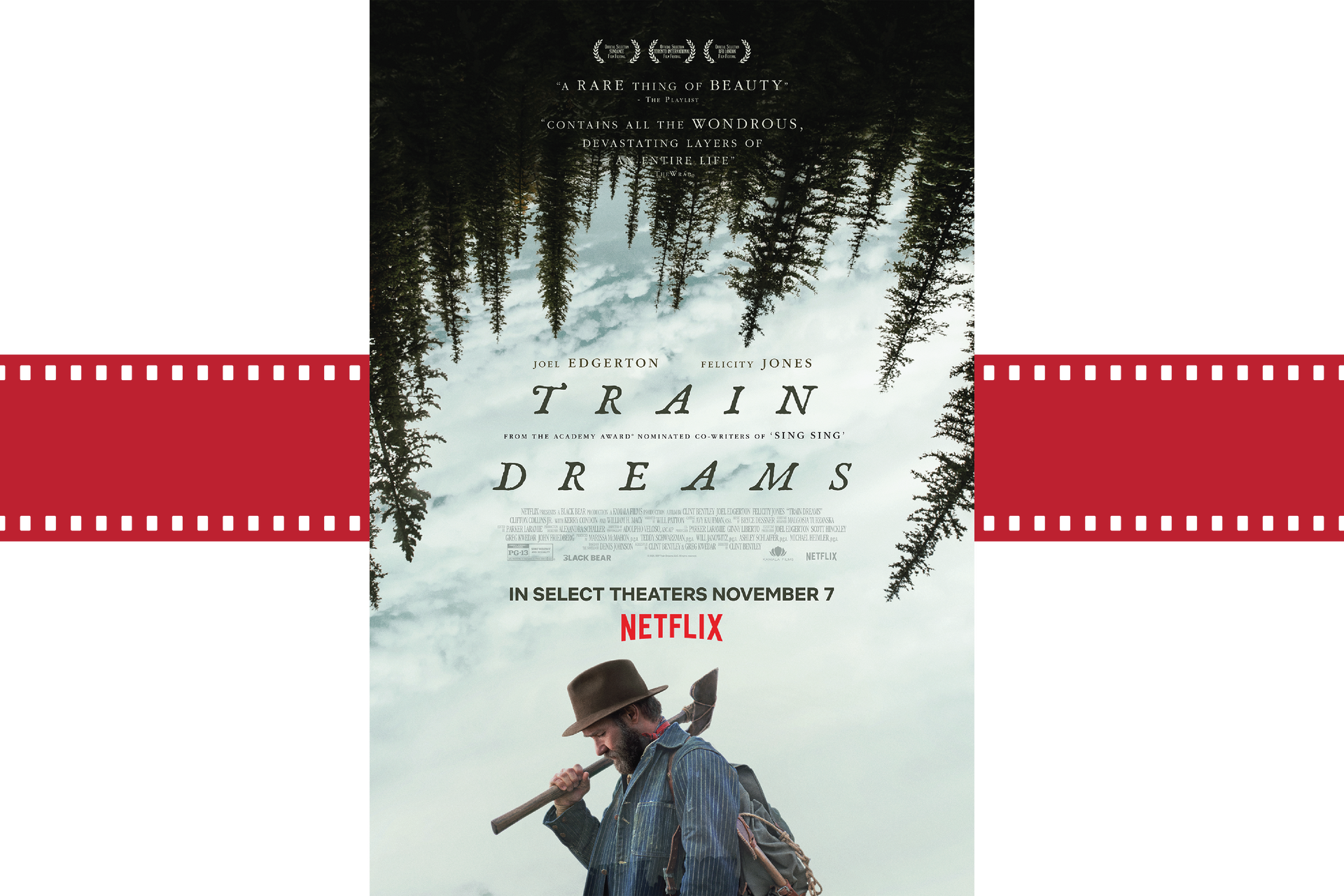 Poster for Train Dreams, showing a man with a rifle beneath a forest reflected in water, with Netflix branding