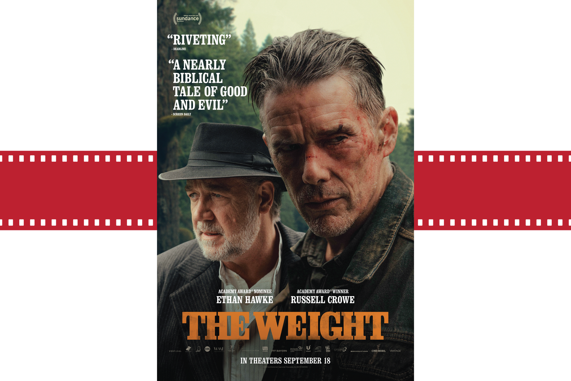 Movie poster for The Weight, with two serious men and a red filmstrip band on a dark background