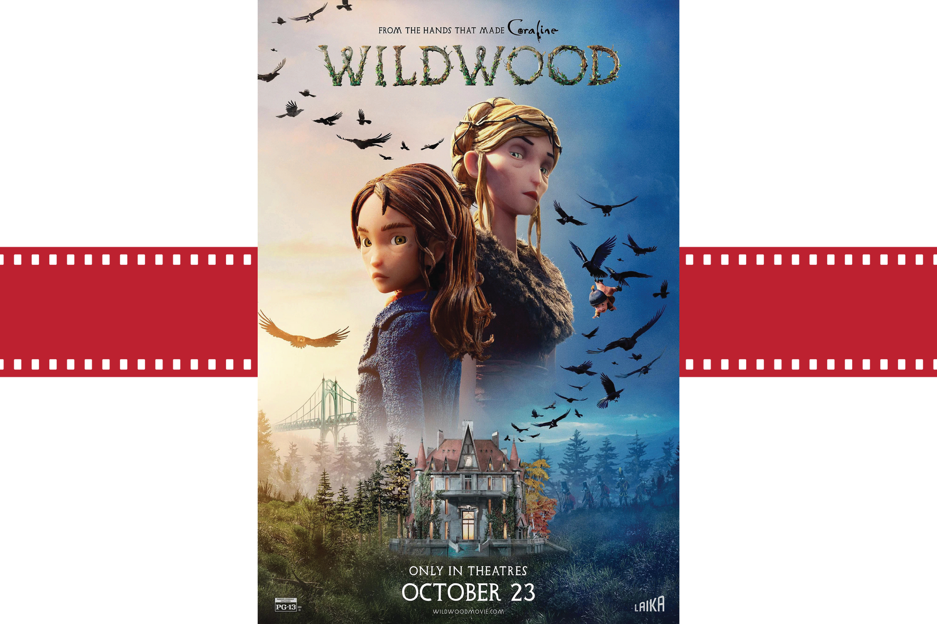 Movie poster for Wildwood with two young characters, birds, and a misty fantasy cityscape, in blue and gold tones