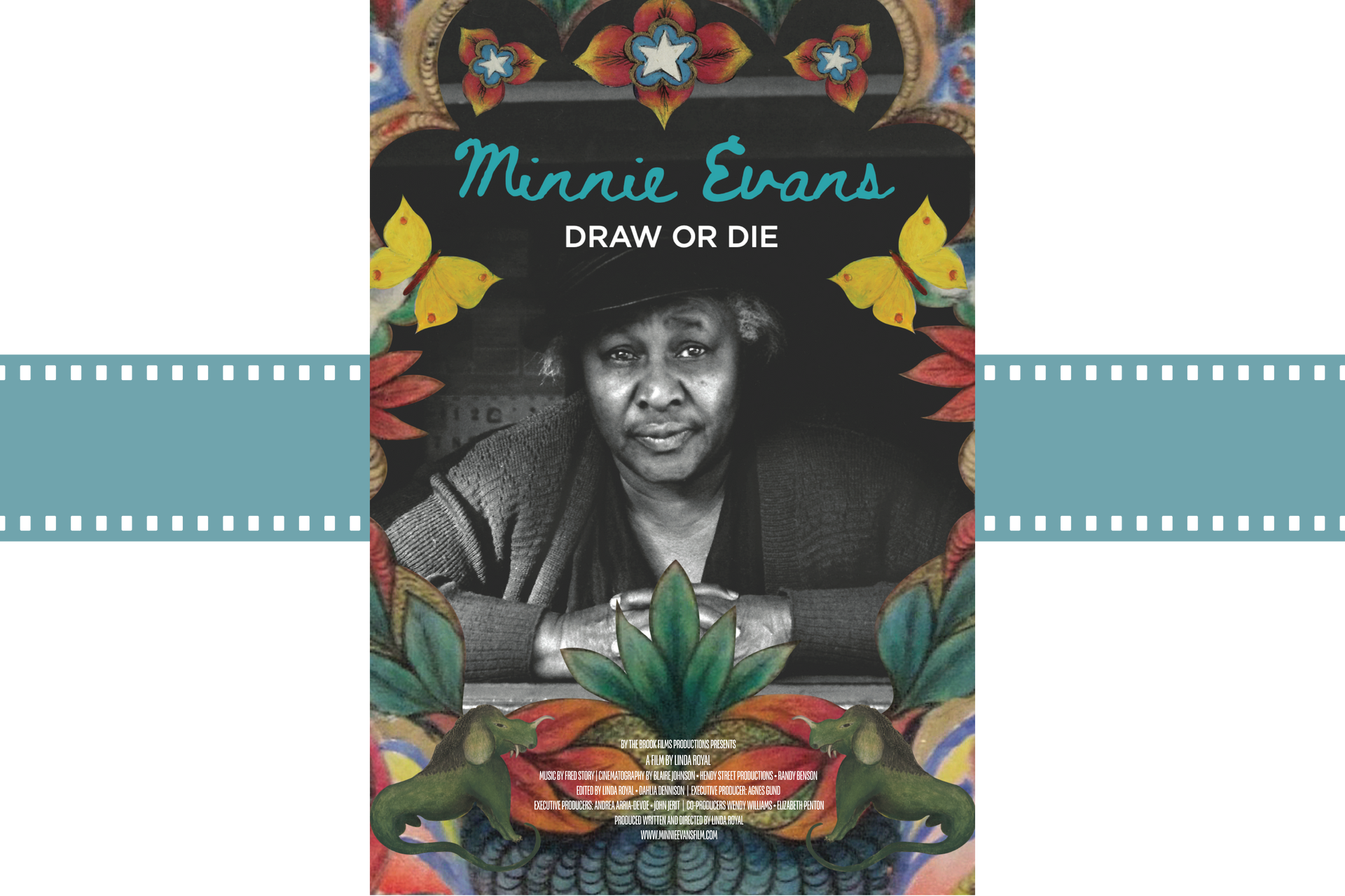 Minnie Evans draw-on-paper book cover with black-and-white portrait, floral border, and teal background