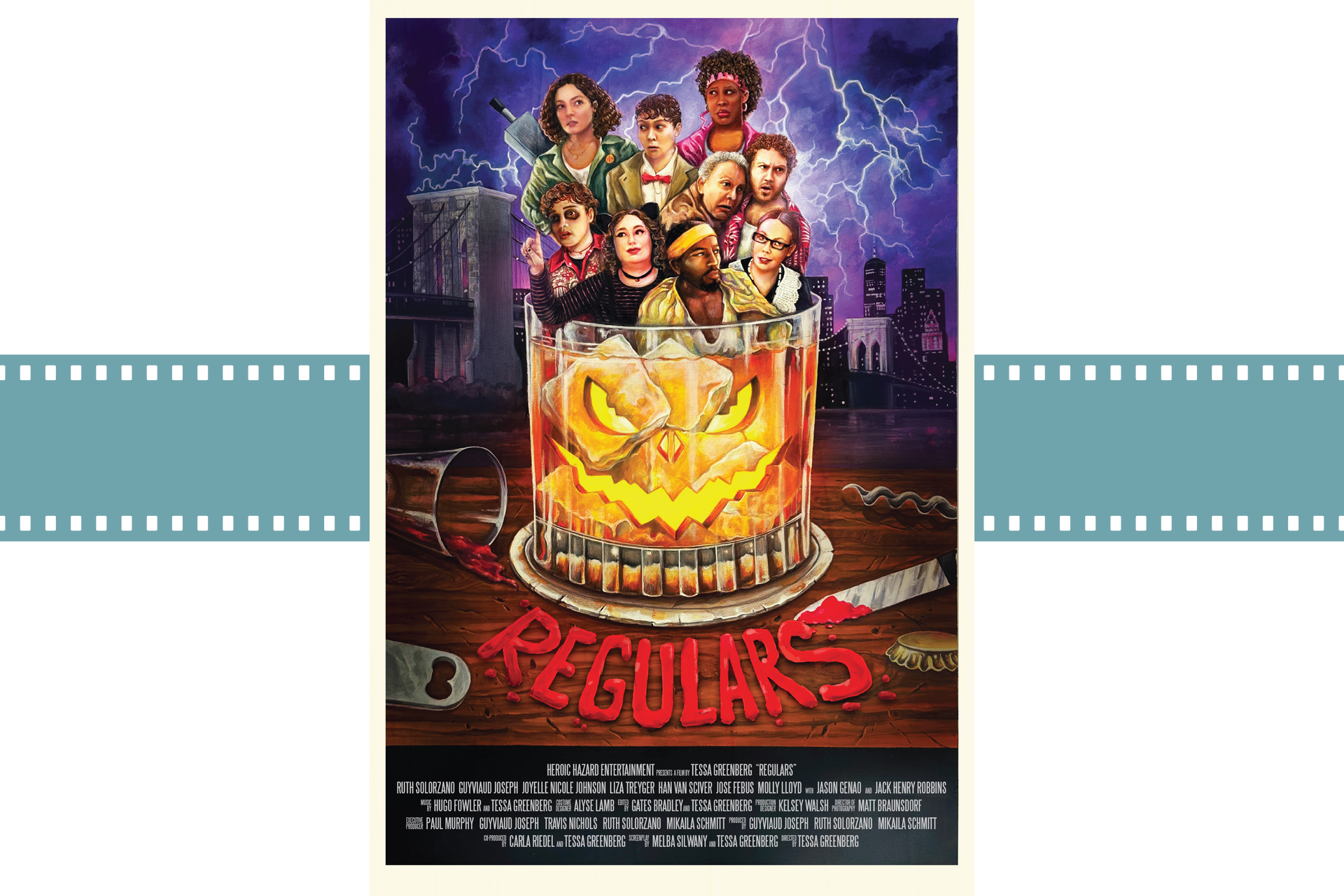 Poster for The Magicians with a glowing golden figure in a glass tank and cast portraits above, purple background