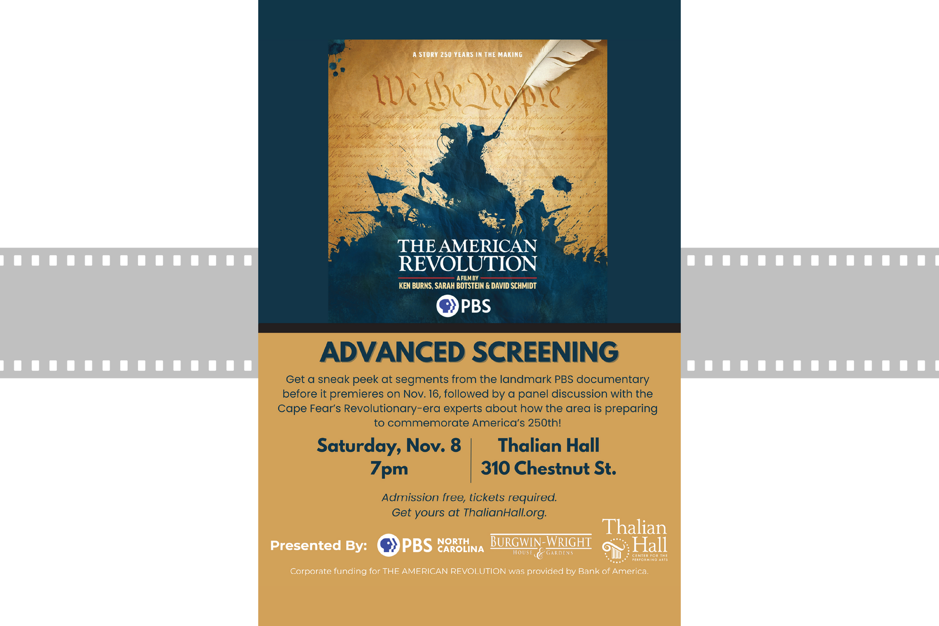 Movie poster for “The American Revolution” advanced screening, gold and blue design with date and venue details.