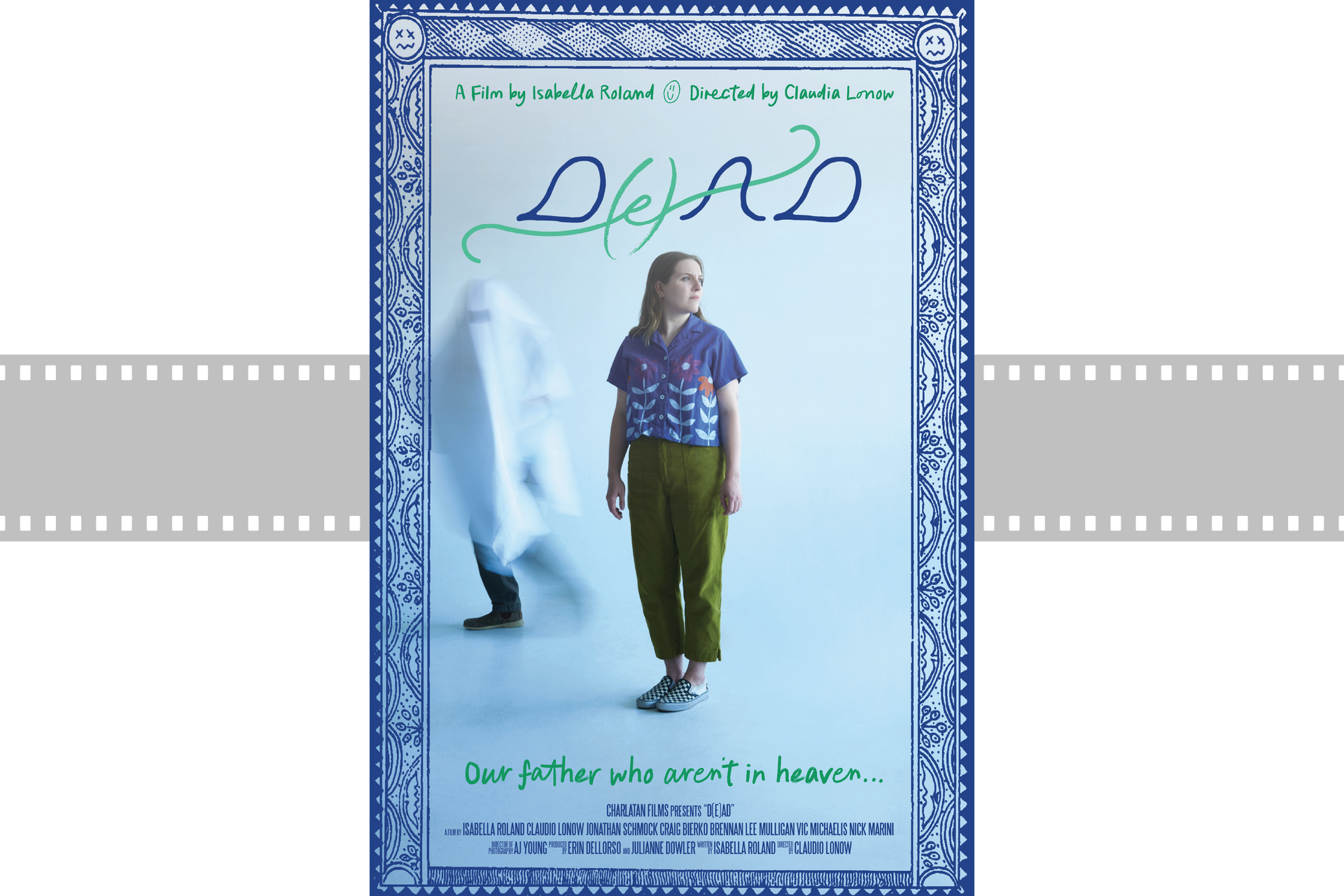 Stylized book cover with two figures, one blurred in white and one standing in patterned clothes, framed in blue.