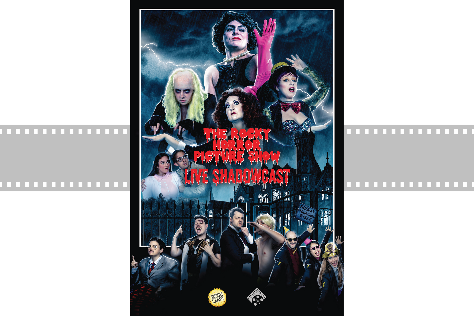 Movie poster for The Rocky Horror Picture Show, with colorful cast characters and bold red title on a dark background