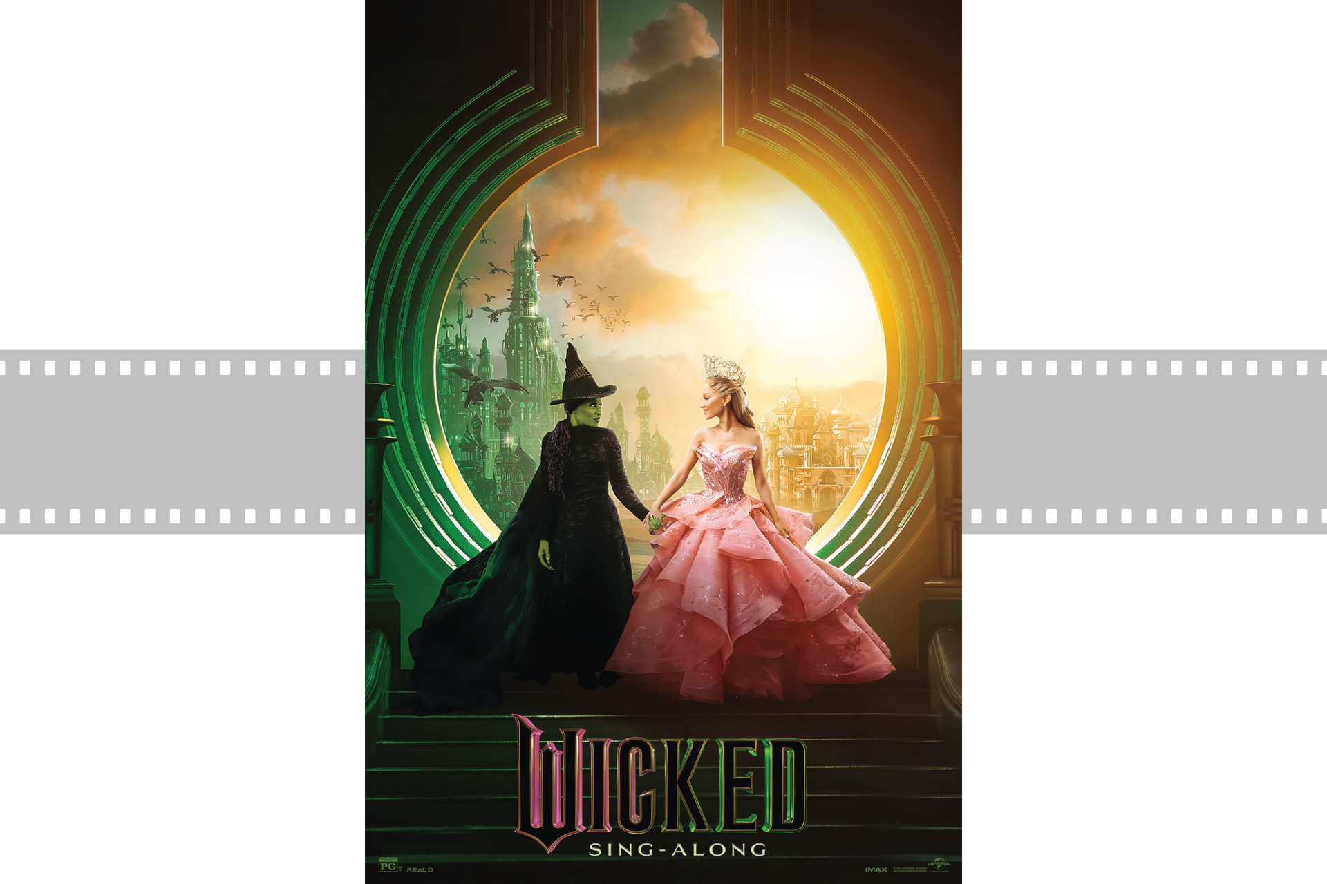 Wicked: For Good poster with two figures in black and pink before a glowing emerald city portal