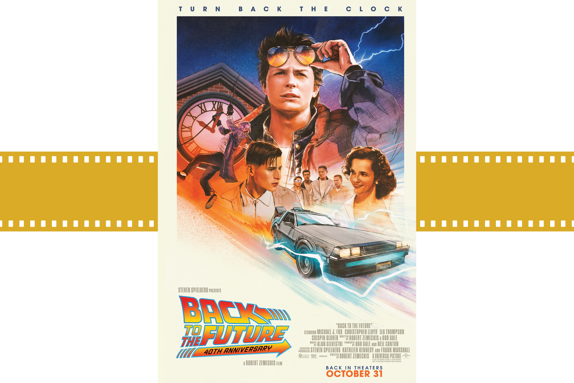 Back to the Future movie poster with a DeLorean, lightning, and multiple character portraits