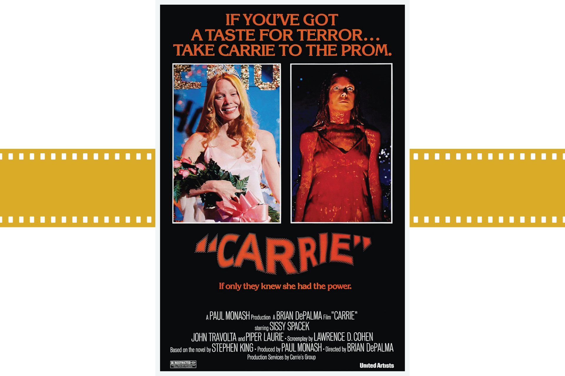 Movie poster for Carrie: black background, red title, and split images of a white prom dress and a blood-soaked woman.