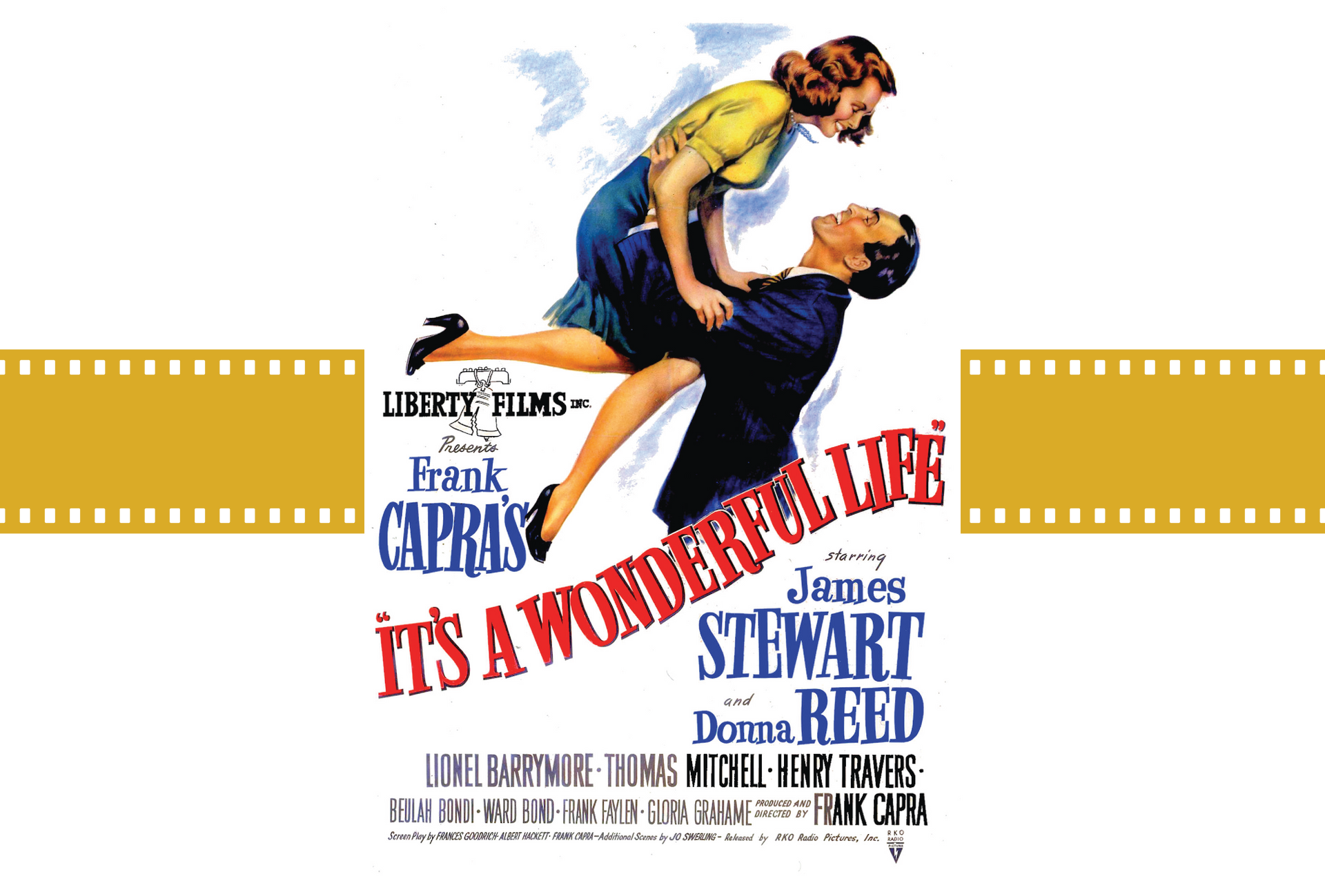 Colorful movie poster for It's a Wonderful Life with two people embracing above the title.