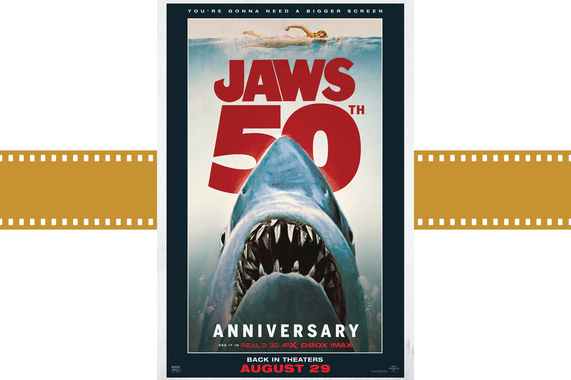 Jaws 50th Anniversary movie poster with a shark rising toward a swimmer on a red-and-blue background