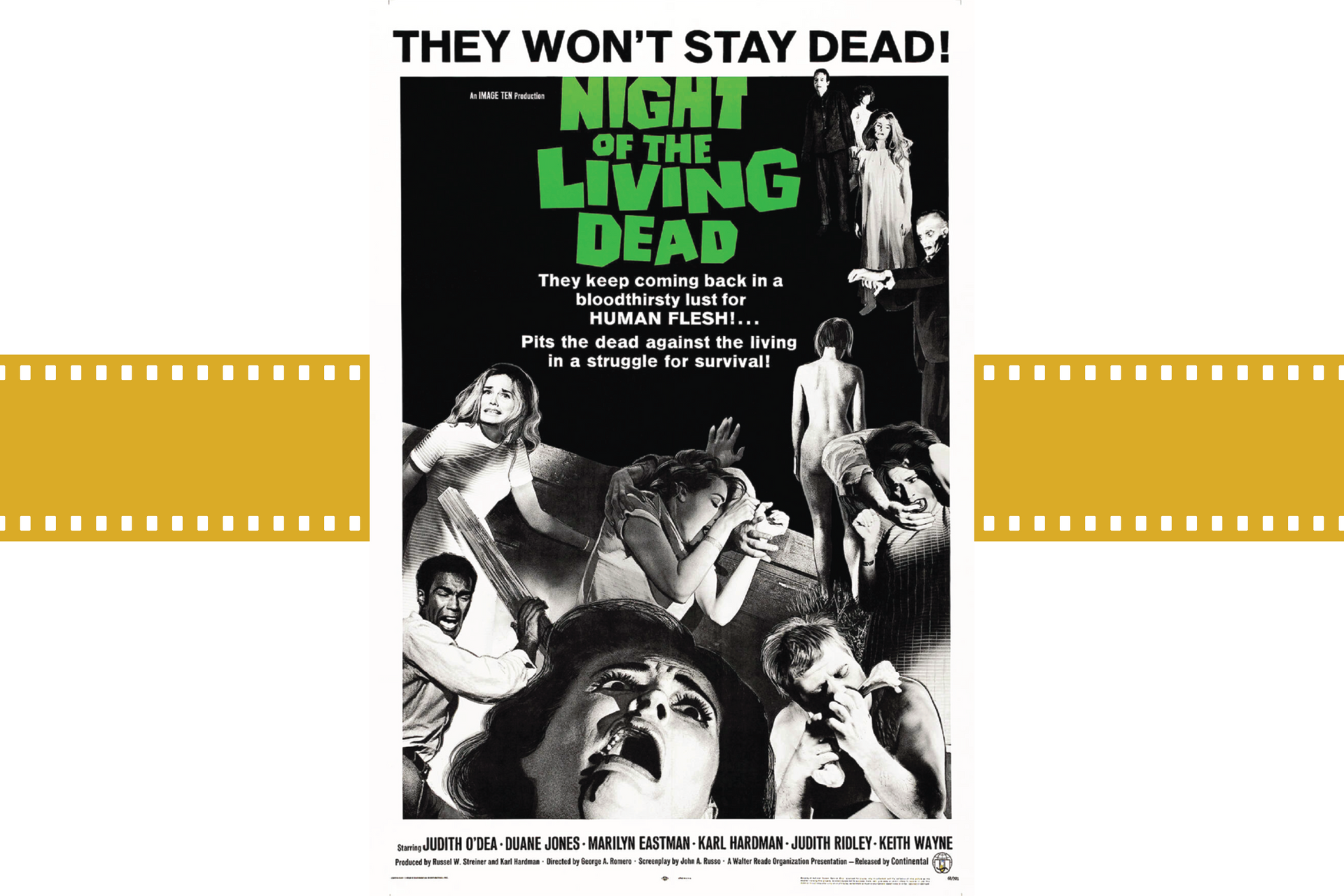 Poster for “Night of the Living Dead” with black-and-white zombie scenes and bold green title text