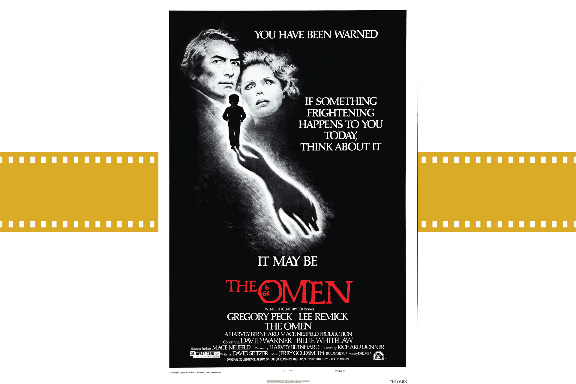 Black-and-white movie poster for “The Omen” with a woman holding a gun and red title text on a black background