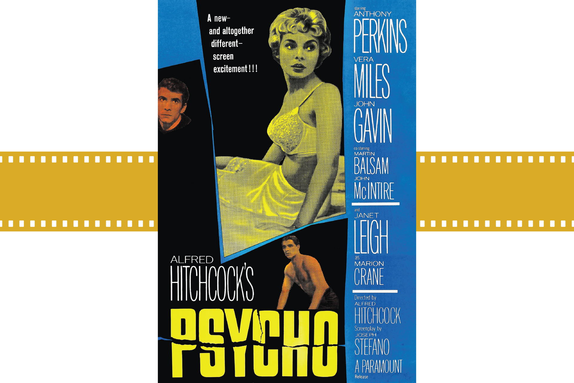 Psycho movie poster with a blonde woman, a man’s face, and bold yellow title text