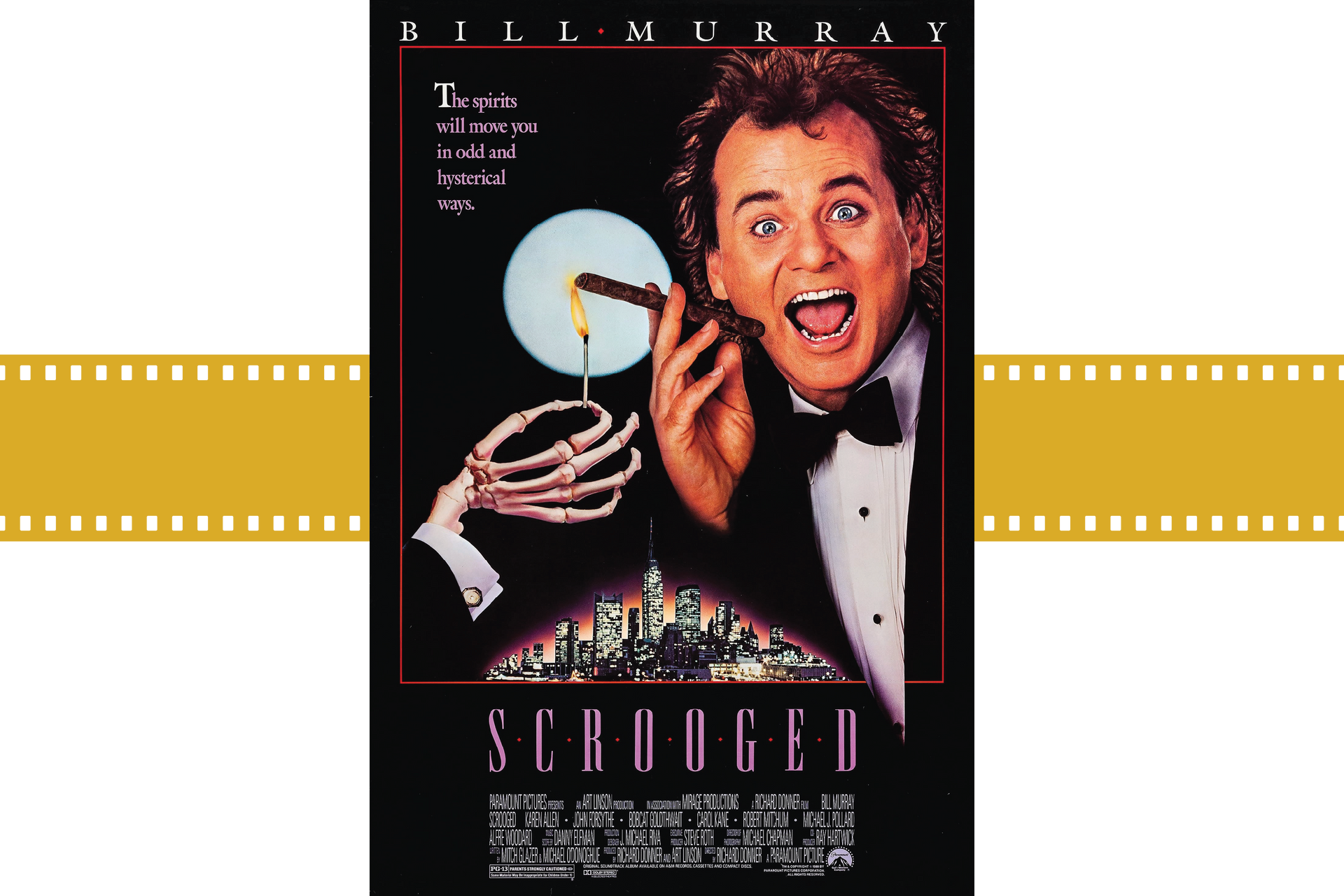 Movie poster for Scrooged, showing a man in a tuxedo with a ghostly hand reaching toward him.
