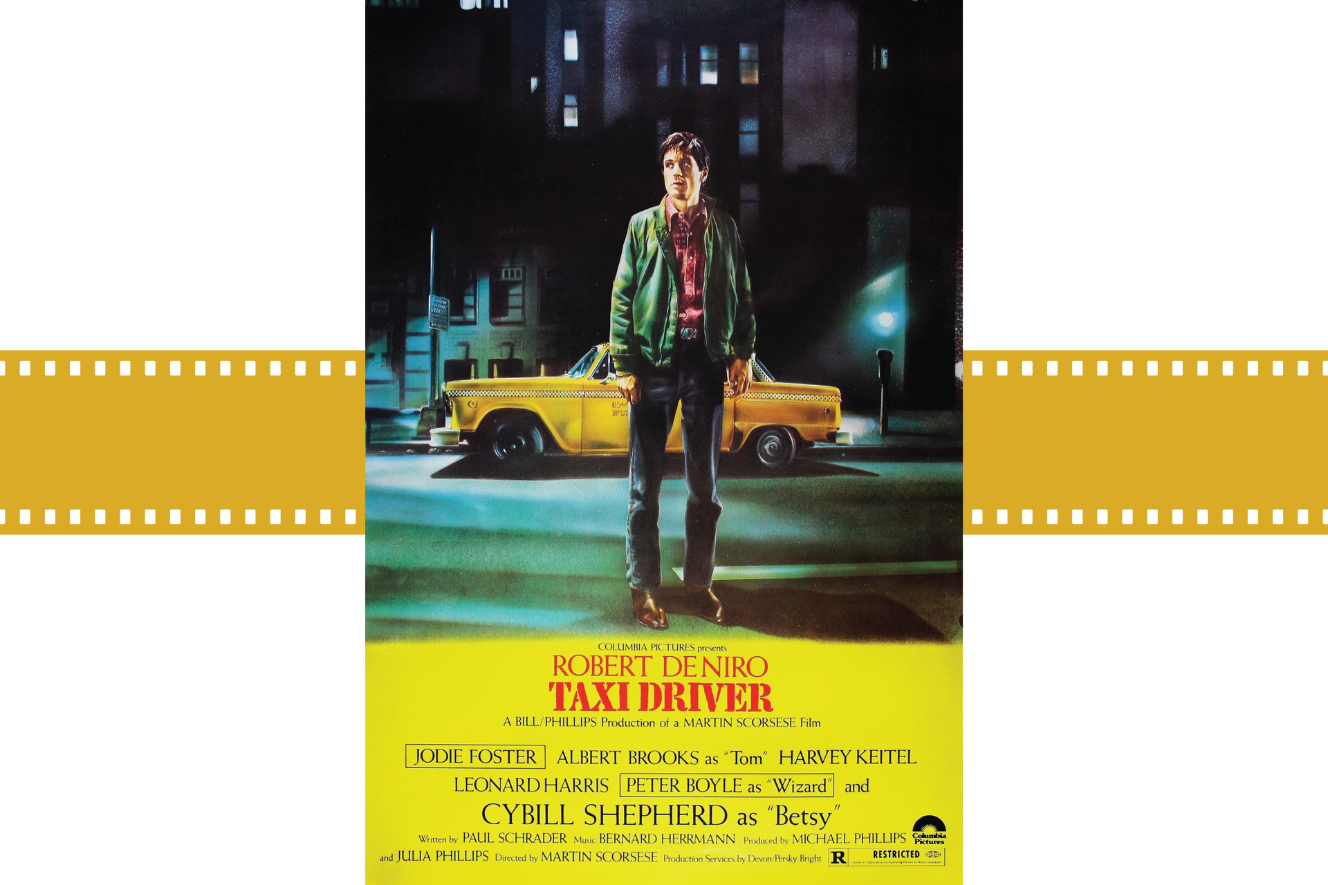 Taxi Driver movie poster with a man standing in a city street beside a yellow taxi.