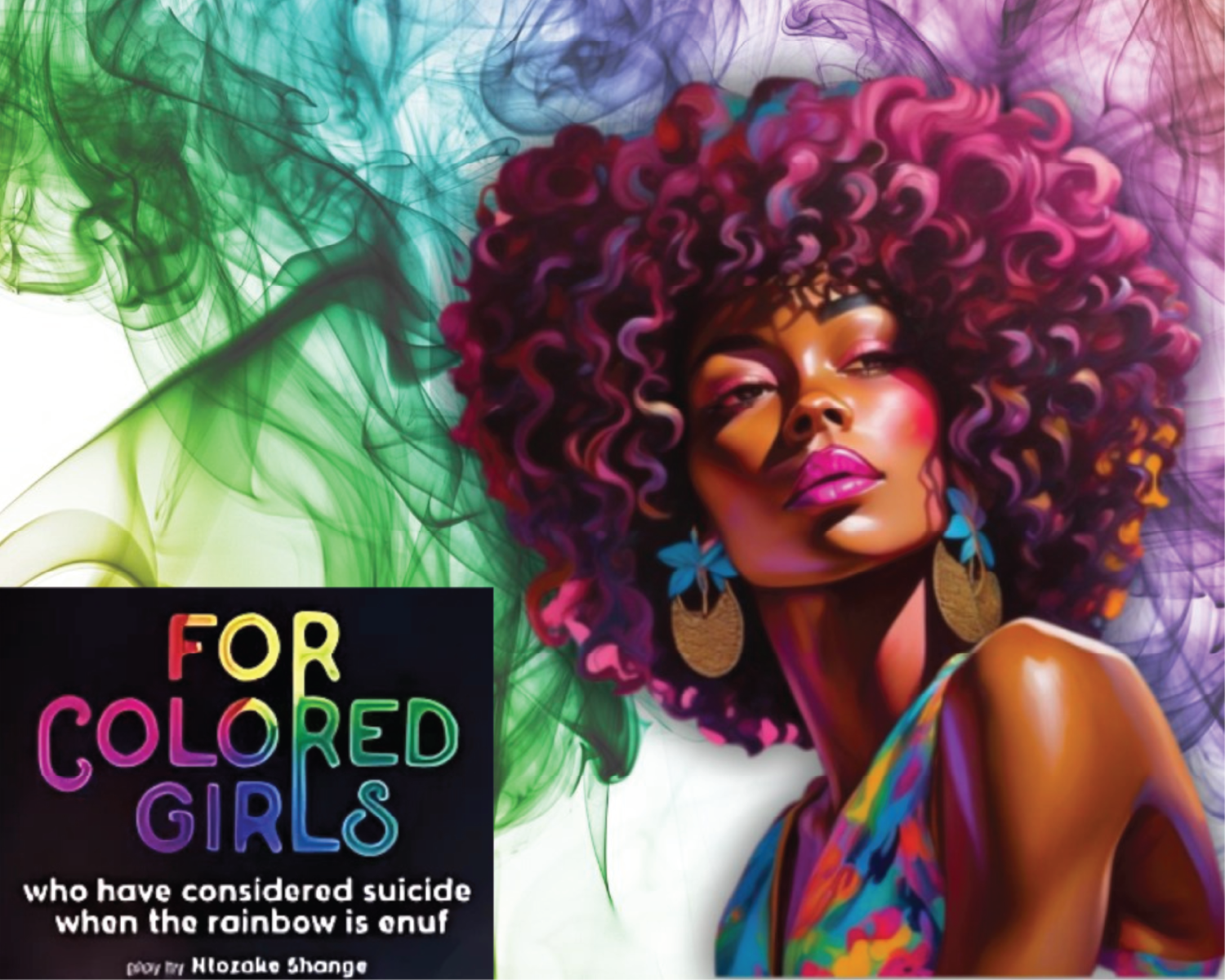 Book cover with colorful portrait and title “For Colored Girls” against a white background