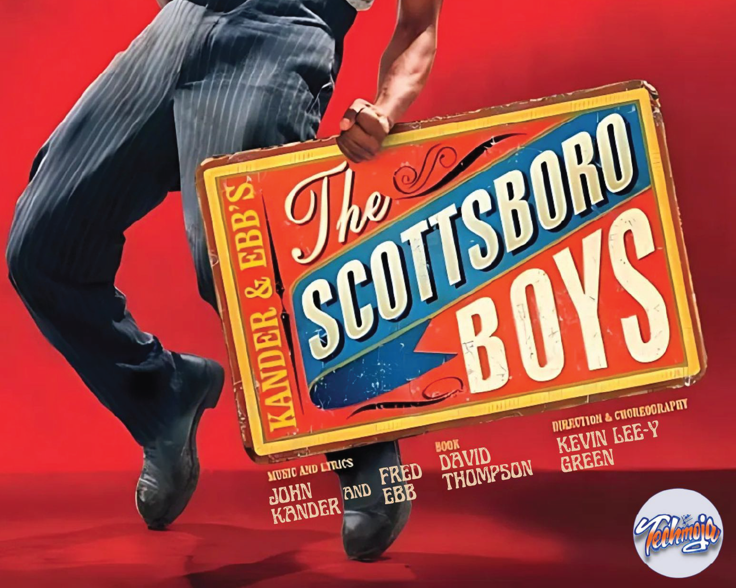 The Scottsboro Boys Broadway poster with a figure holding a red suitcase on a red background