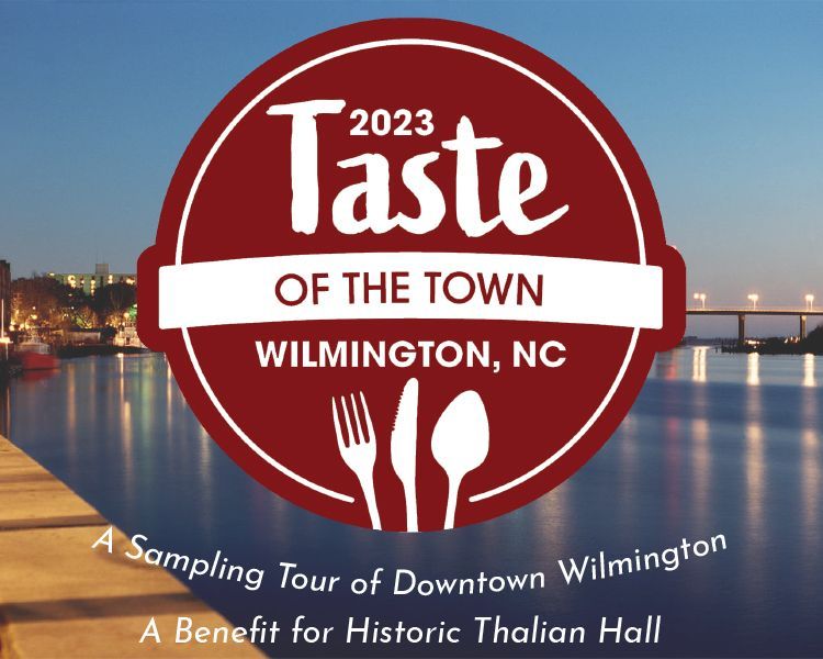 2023 Taste of the Town Wilmington, NC logo over waterfront at dusk, with fork and spoon icons
