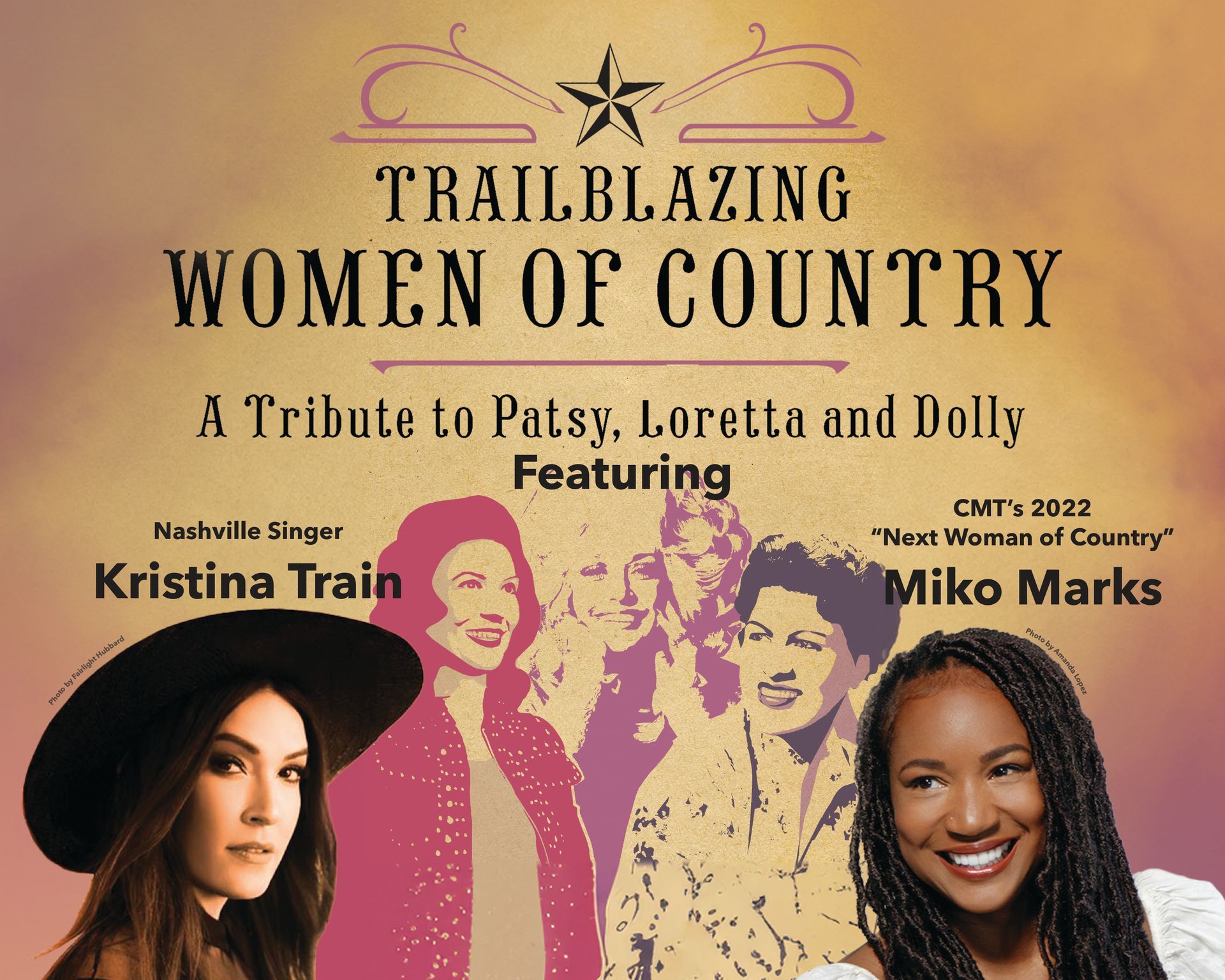 Trailblazing Women of Country tribute poster featuring Kristina Train and Miko Marks on a warm orange background