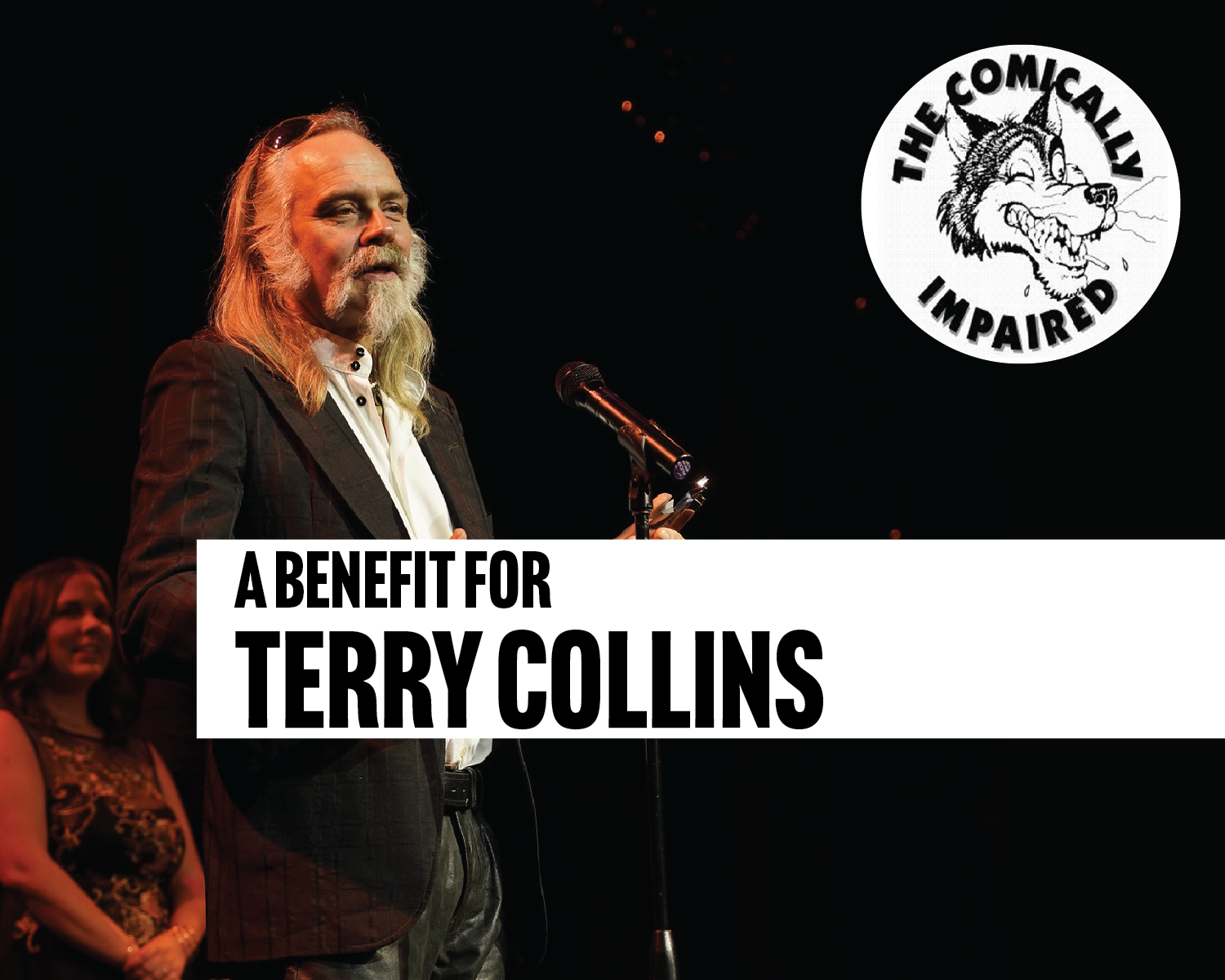 Benefit poster with a man speaking onstage and text reading “A Benefit for Terry Collins”