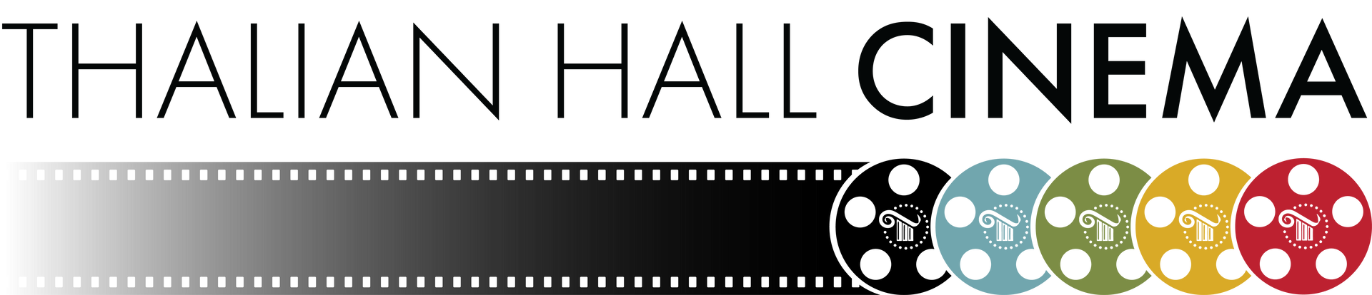 Thalian Hall Cinema logo with black text and colorful film reels on a gray striped background