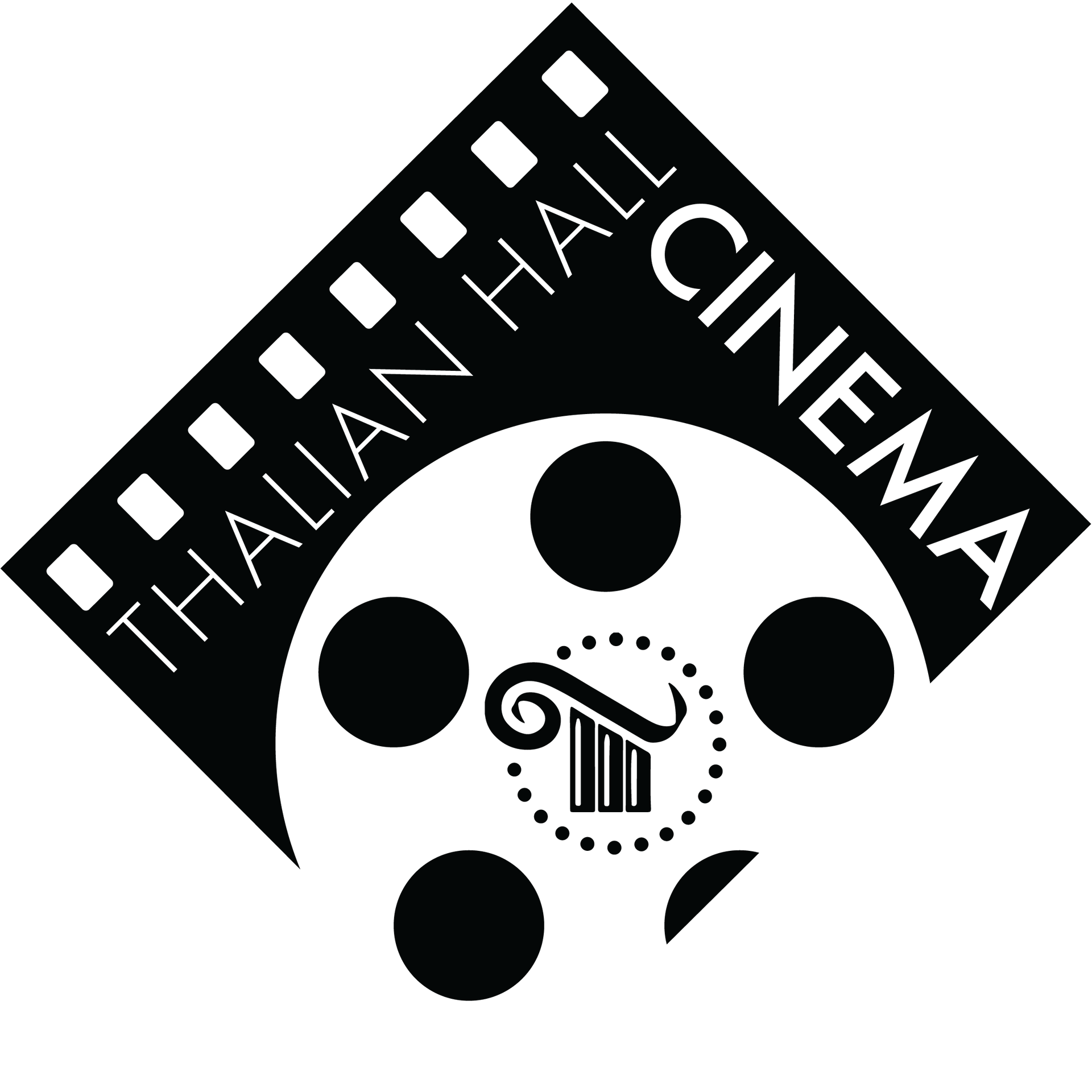 Black-and-white Italian Hall Cinema logo with film strip, reel, and column graphic