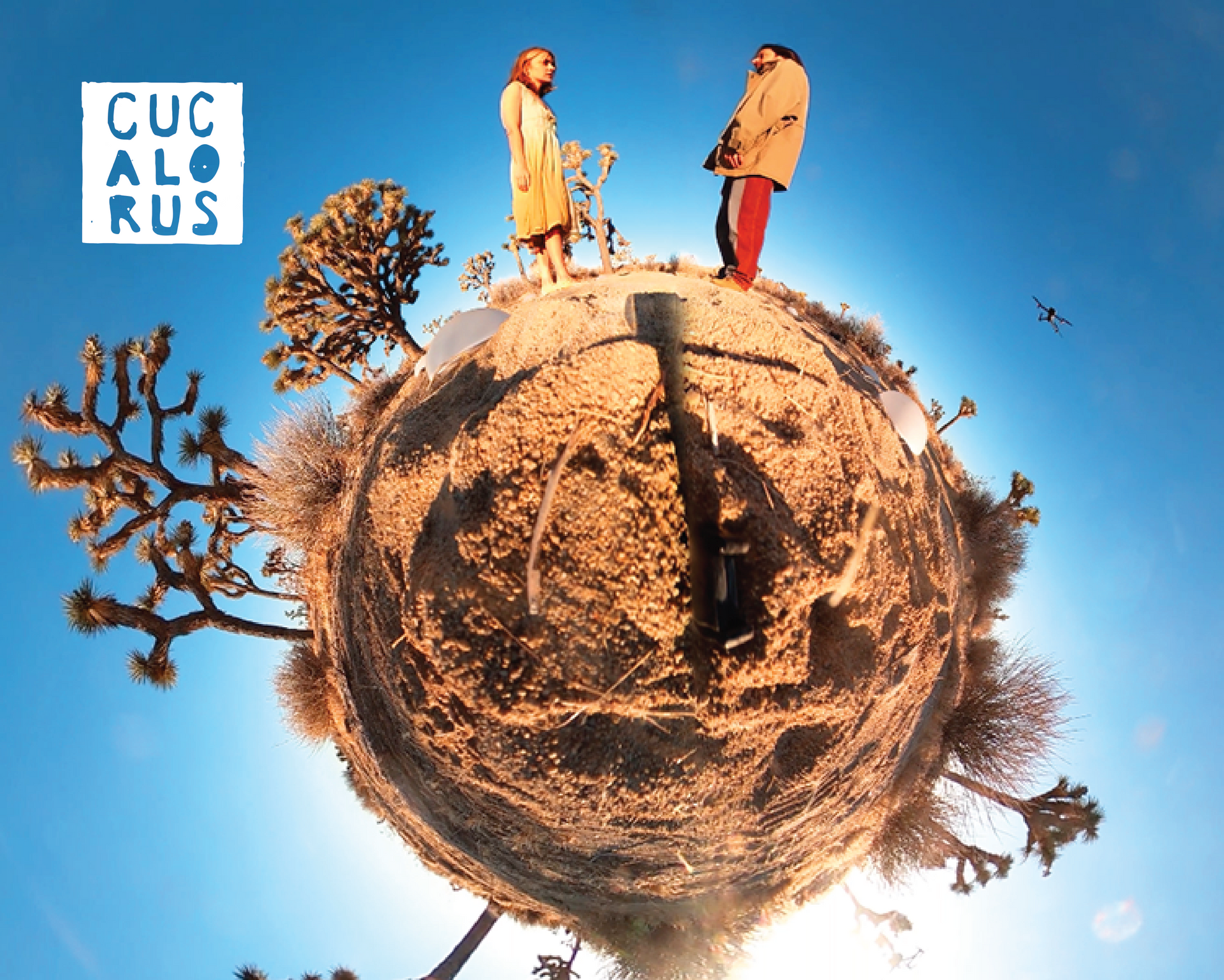 Two people standing on a tiny planet with trees under a blue sky