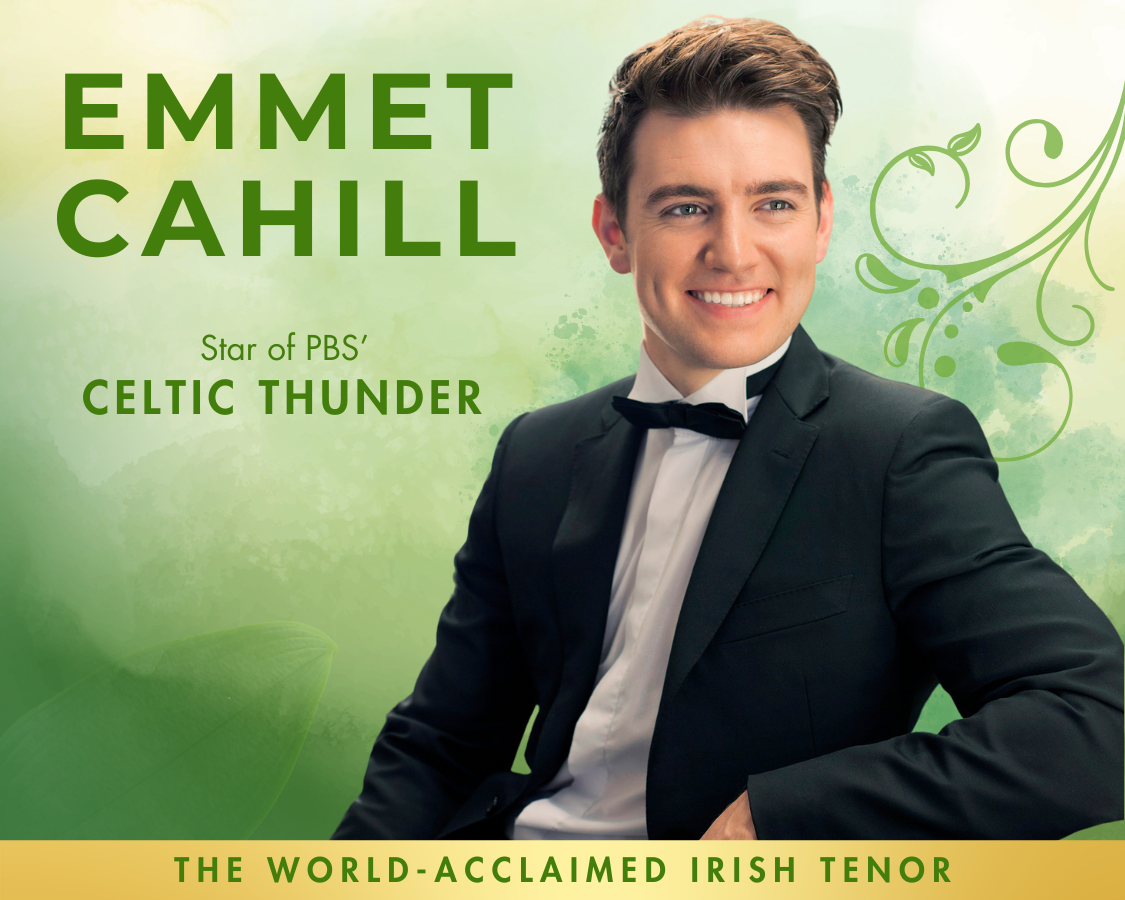 Emmet Cahill smiling in a black tuxedo on a green Celtic Thunder album cover