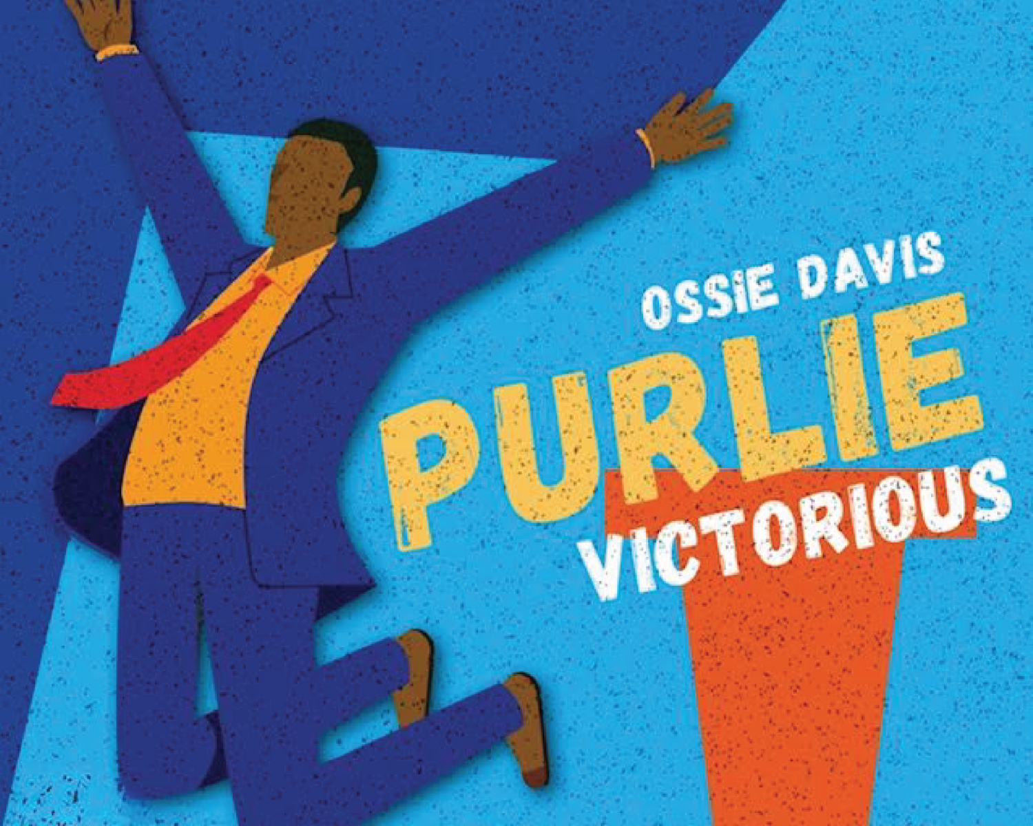 Stylized blue poster with a person leaping beside the text “Ossie Davis: Purlie Victorious”