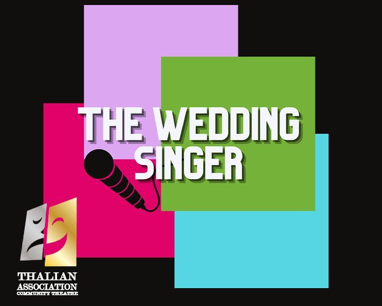 Promotional graphic for “The Wedding Singer” with colorful overlapping squares and a microphone icon
