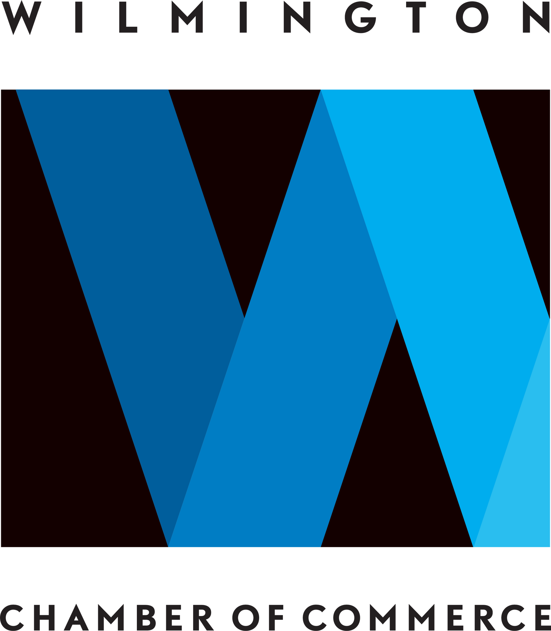 Wilmington Chamber of Commerce logo with blue stylized W on black background